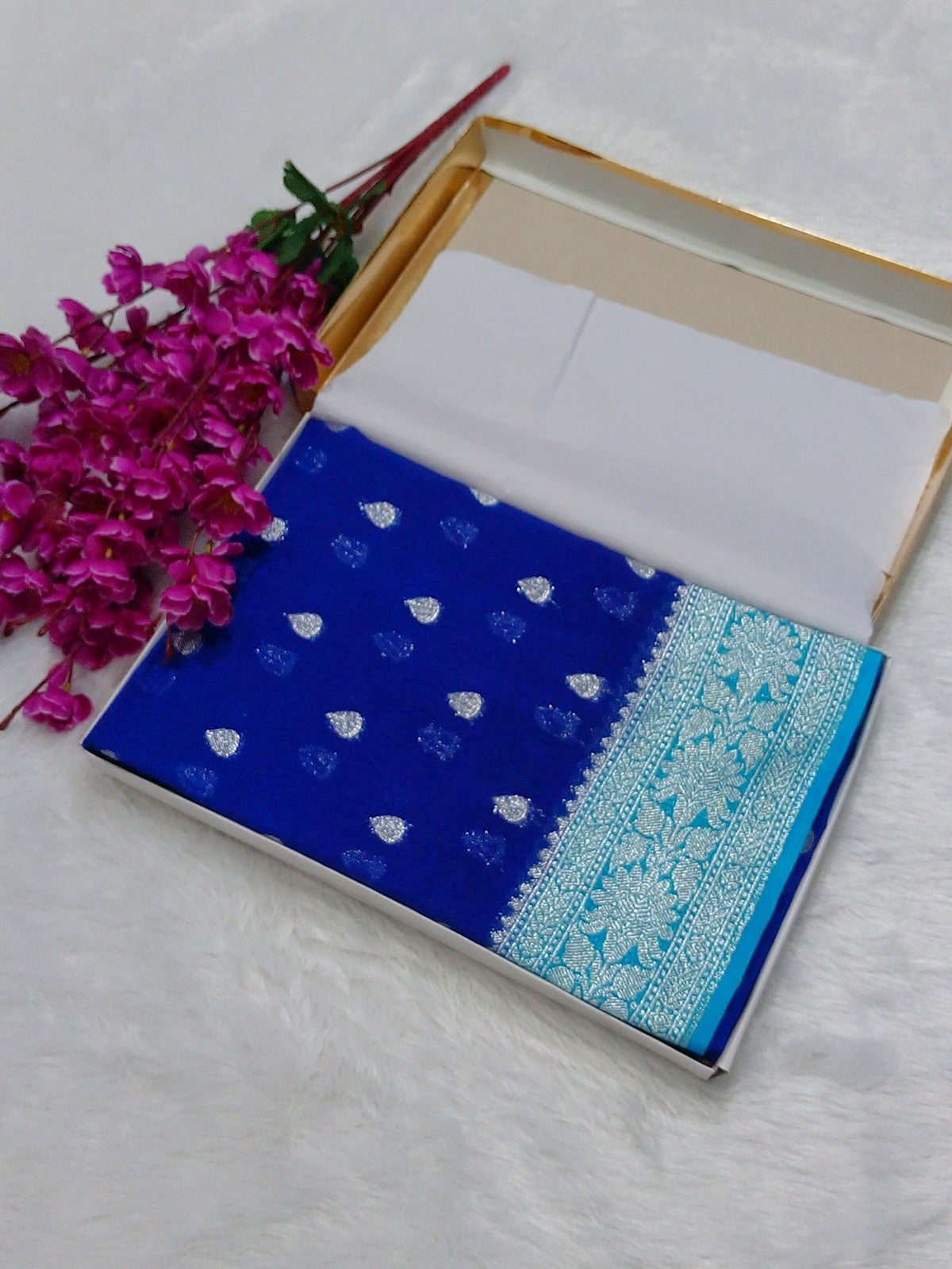 Royal Blue And Sky Blue Colour Zari Buti Khaddi Georgette Saree