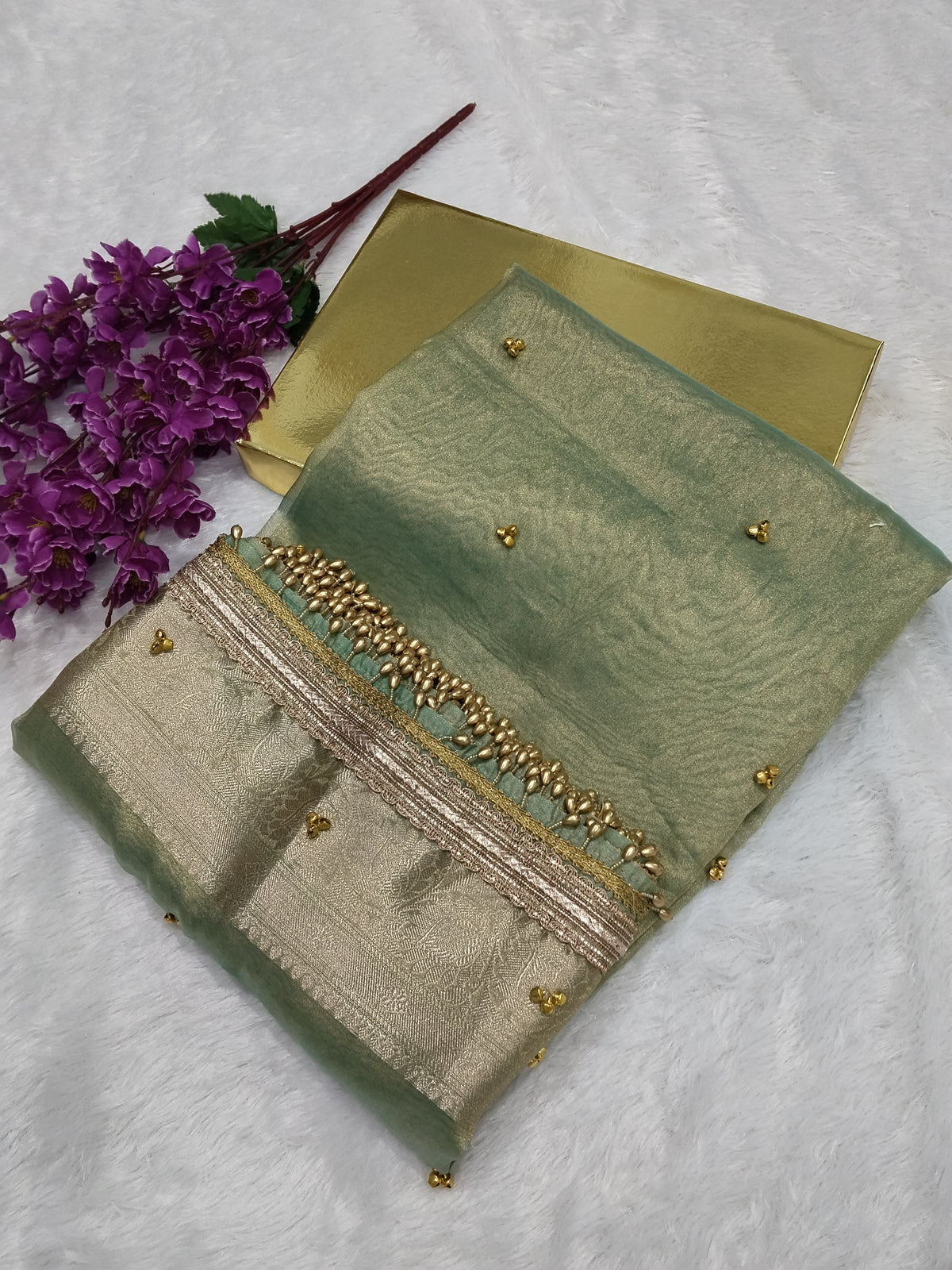 Viral Ghungroo Saree Light Sea Green Colour Tissue Plain Body Saree With Ghungroo And Gota Patti Work