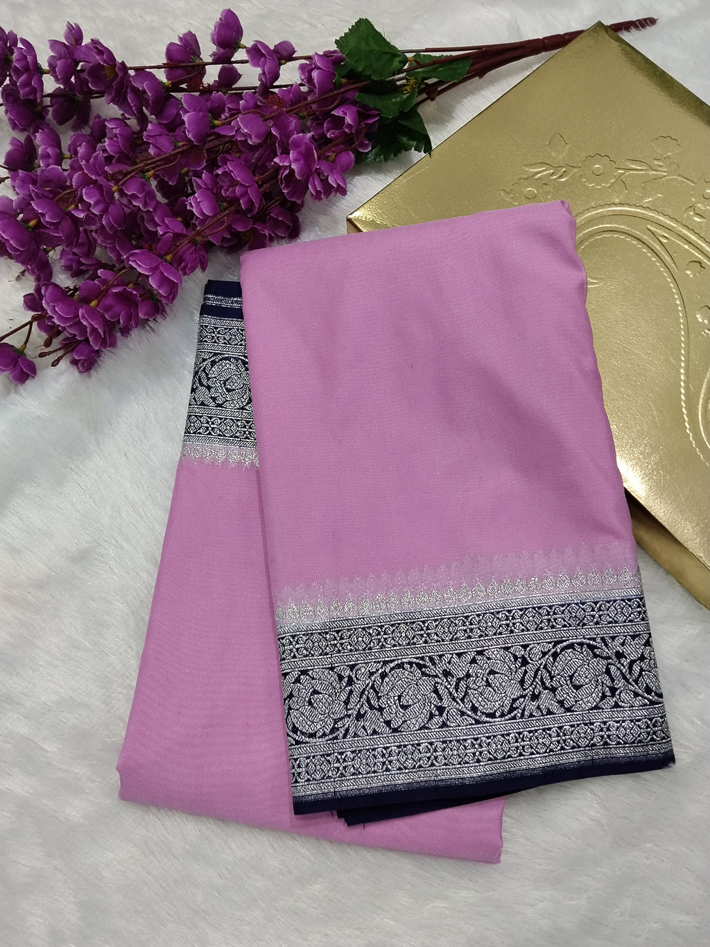 Baby Pink And Navy Blue Colour Zari Plain Body Khaddi Georgette Saree