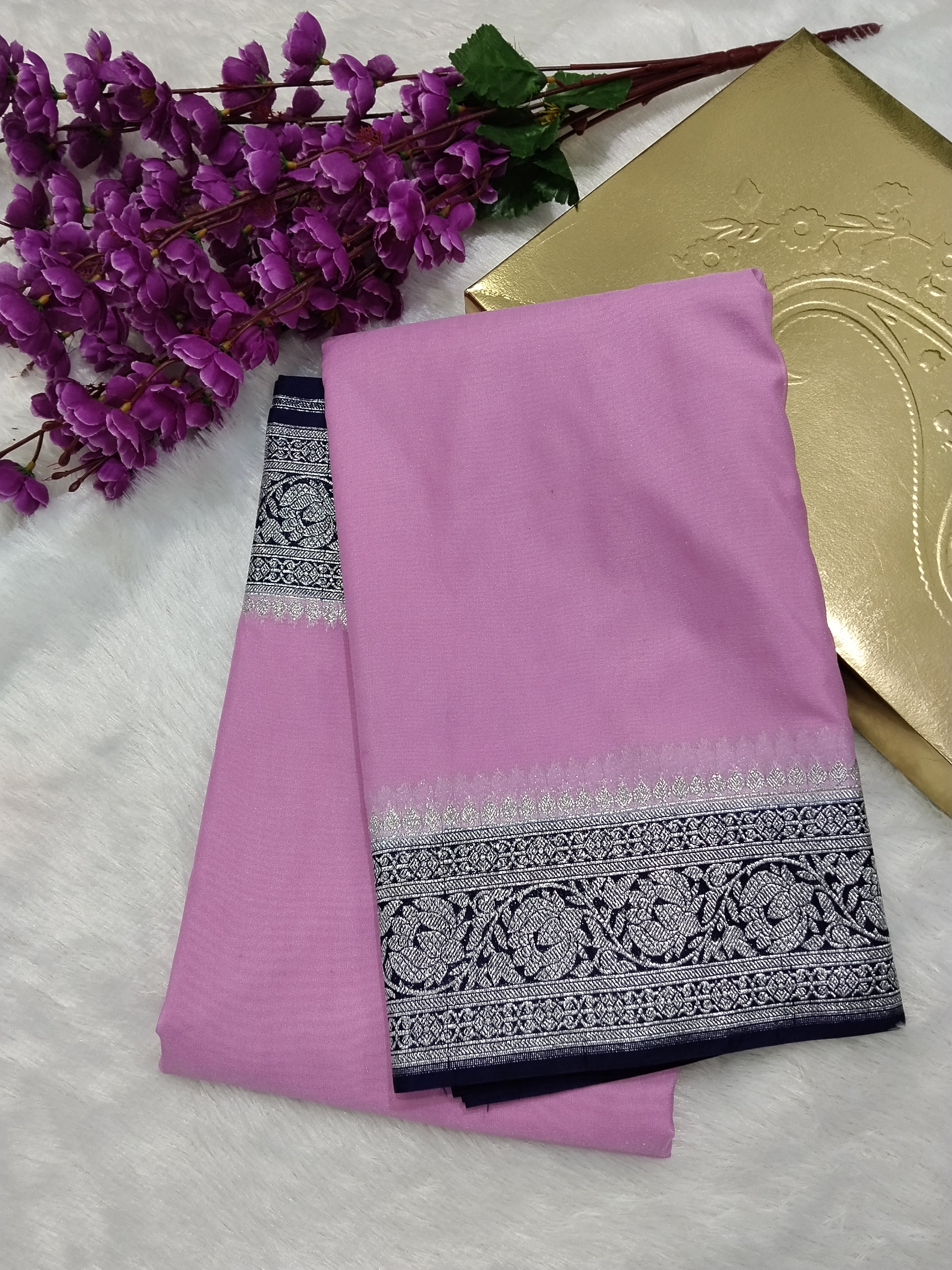 Baby Pink And Navy Blue Colour Zari Plain Body Khaddi Georgette Saree