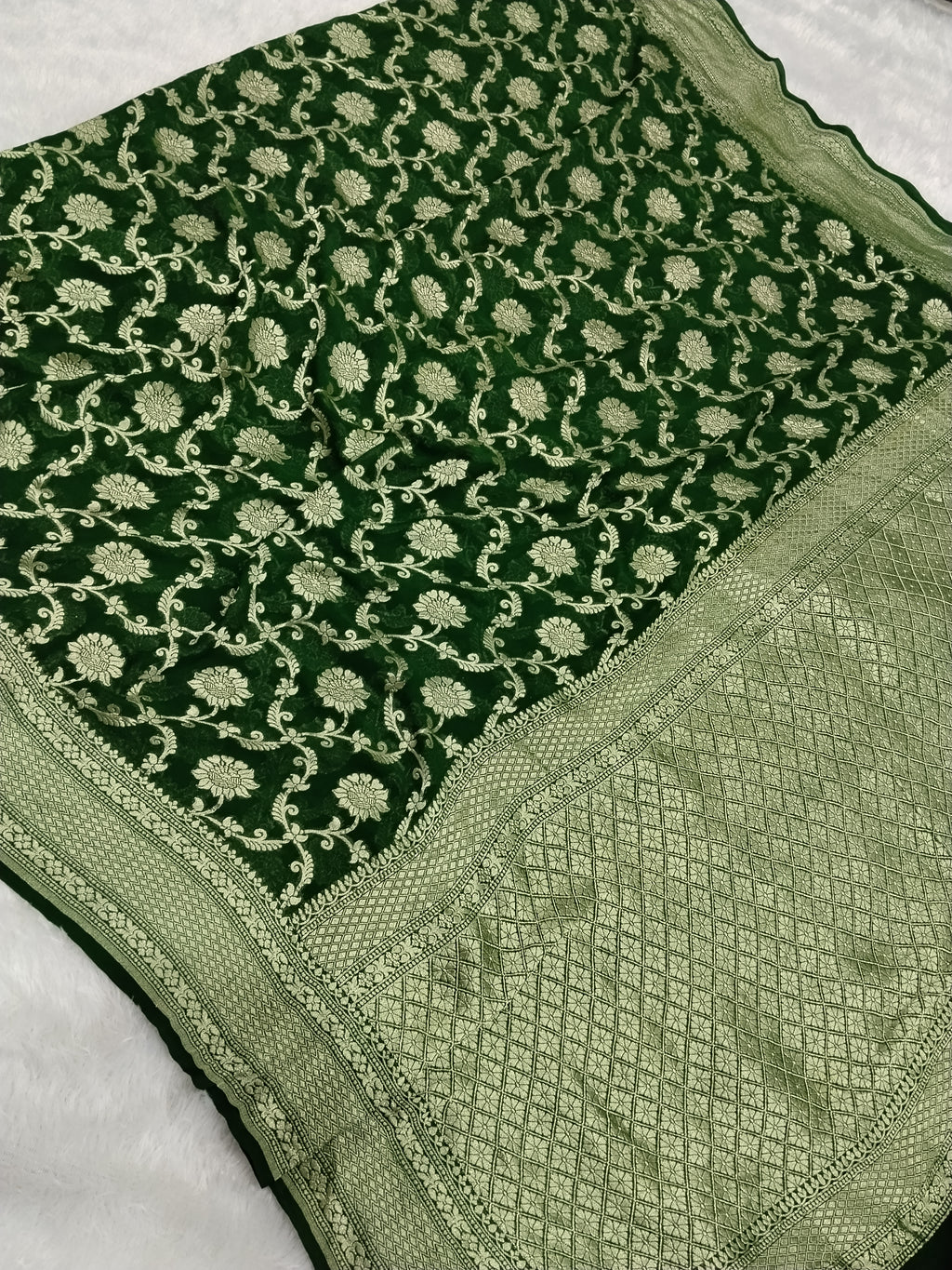 Bottle Green Colour Handloom Pure Banarasi Khaddi Georgette Saree Water Zari