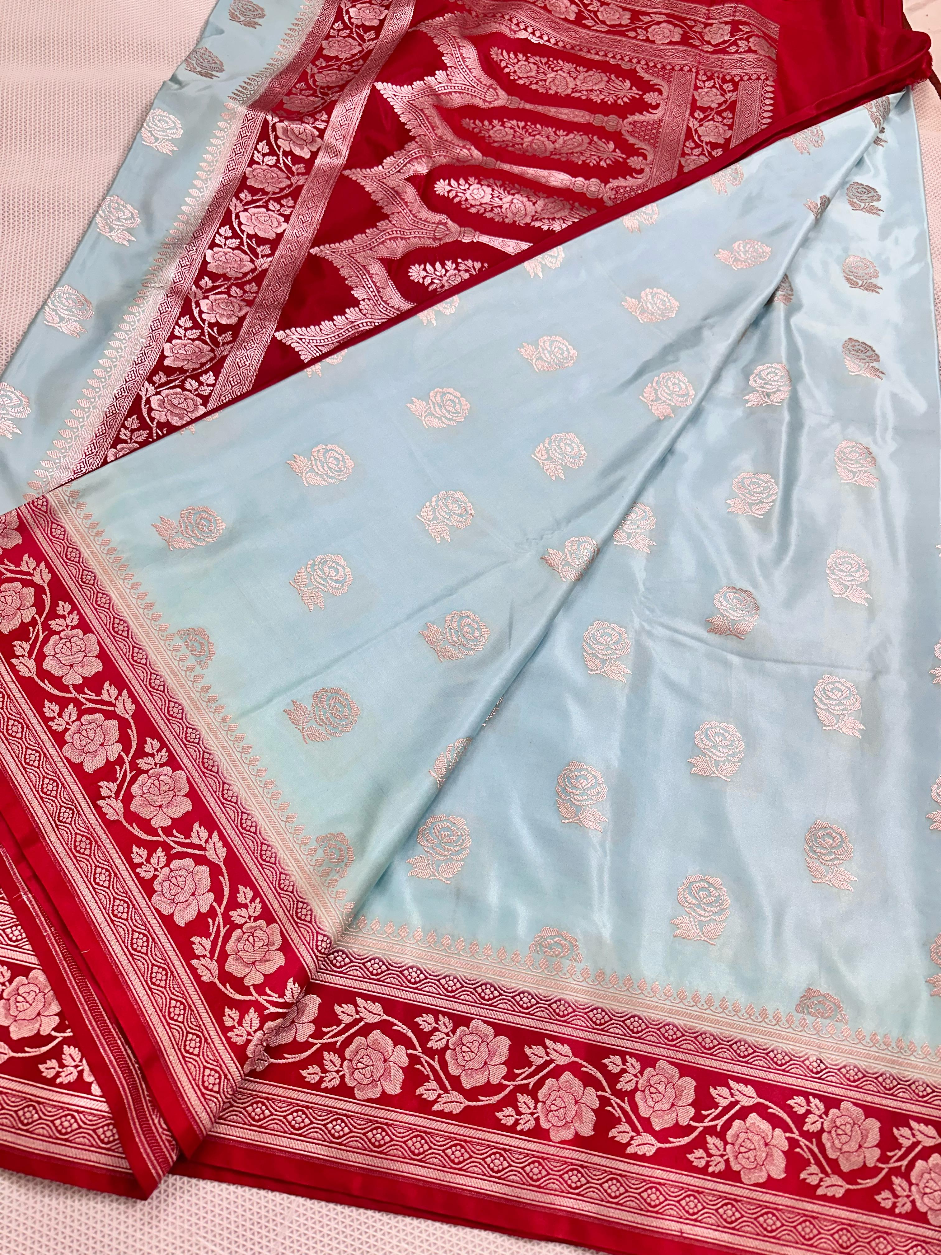 Sky Blue And Red Colour Banarasi Mashru Silk Saree
