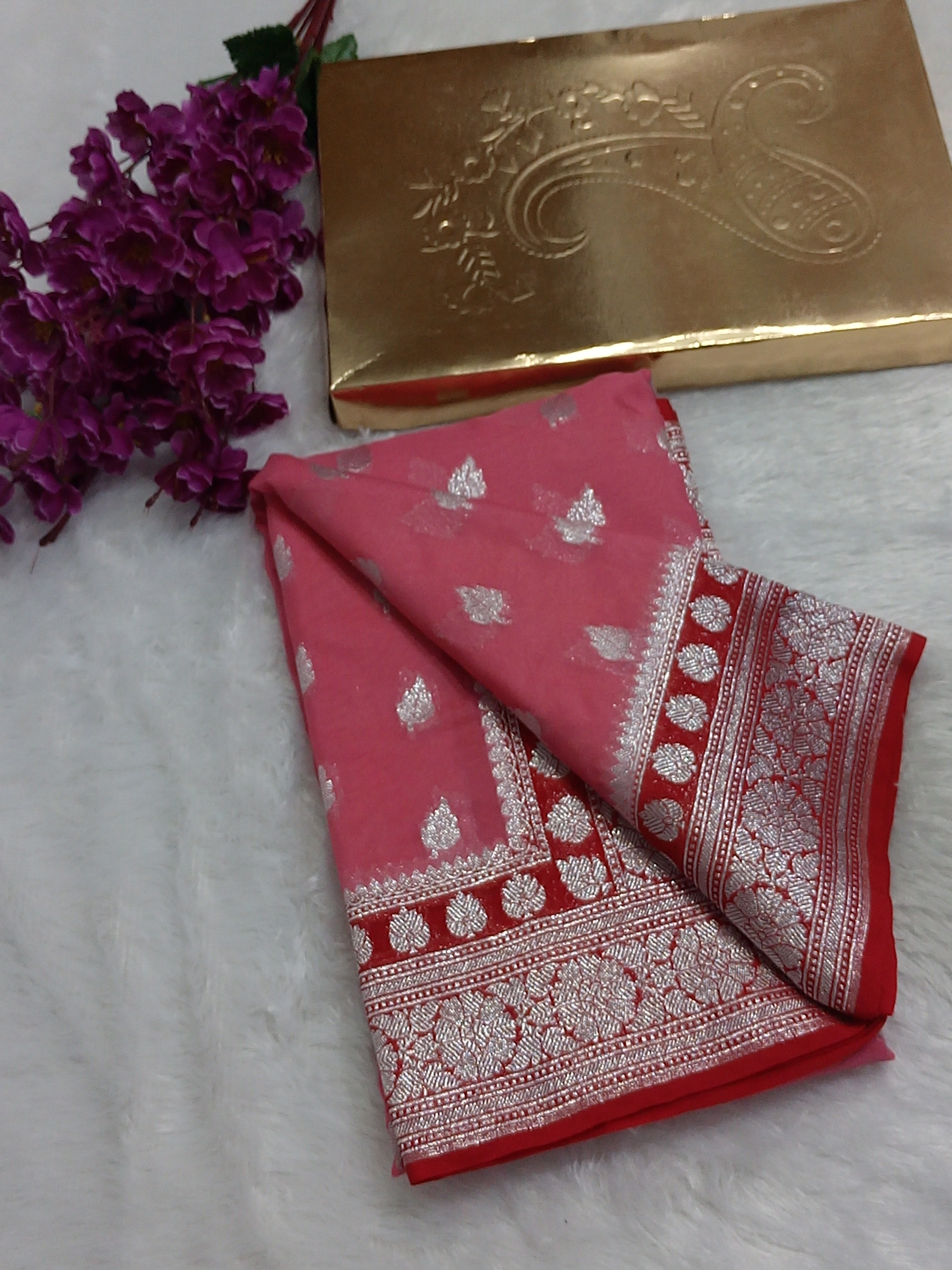 Peach And Red Colour Zari Buti Khaddi Georgette Saree