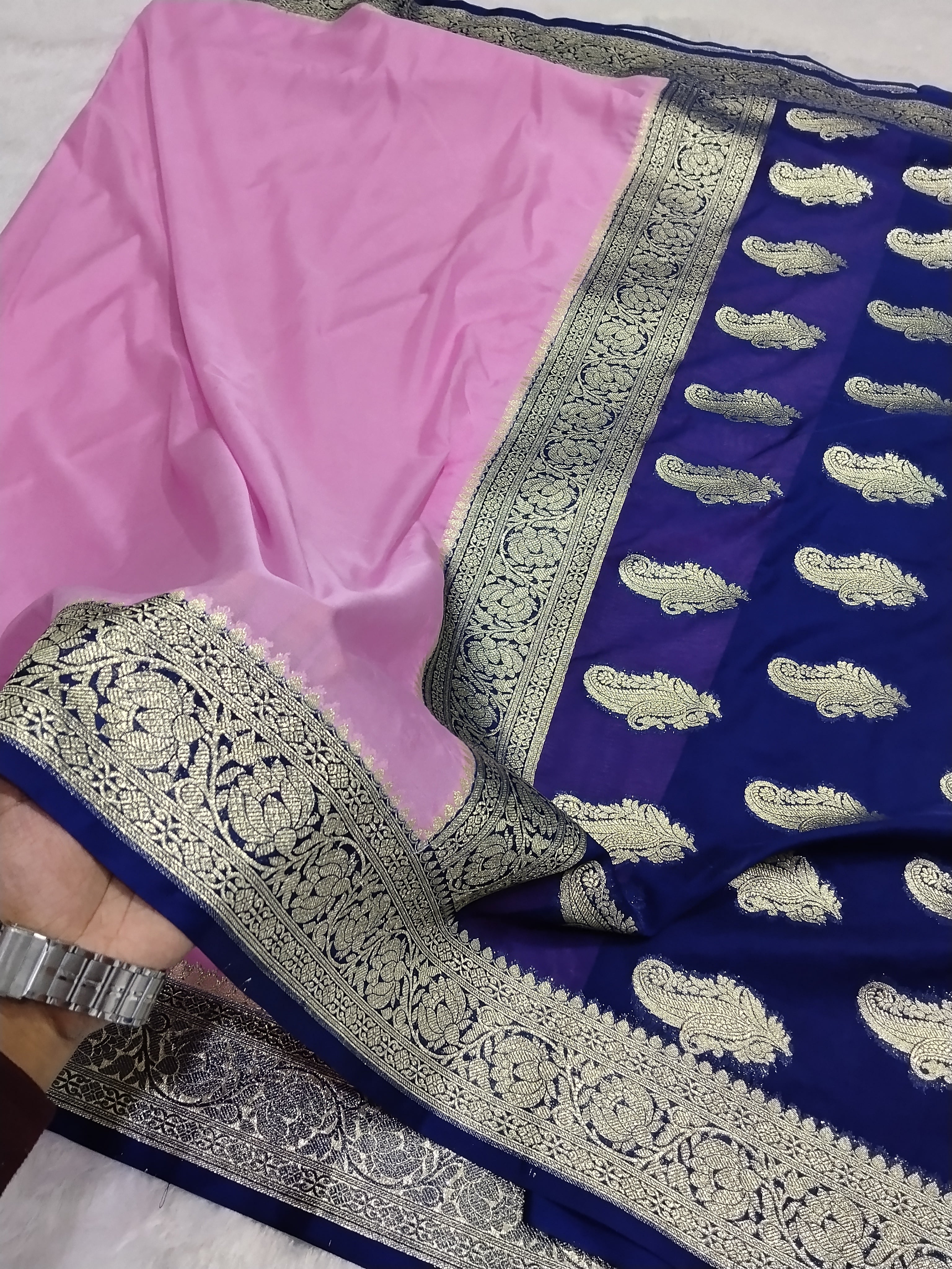 Baby Pink And Navy Blue Colour Banarasi Khaddi Georgette Saree