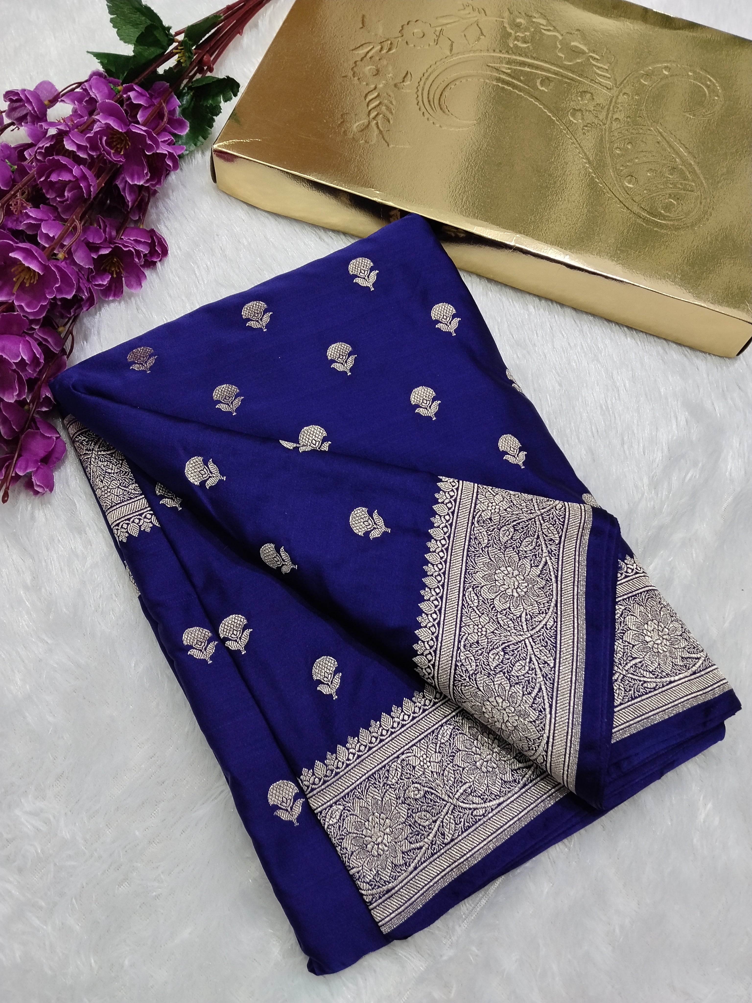 Navy Blue Color Banarasi Mashru Silk Saree