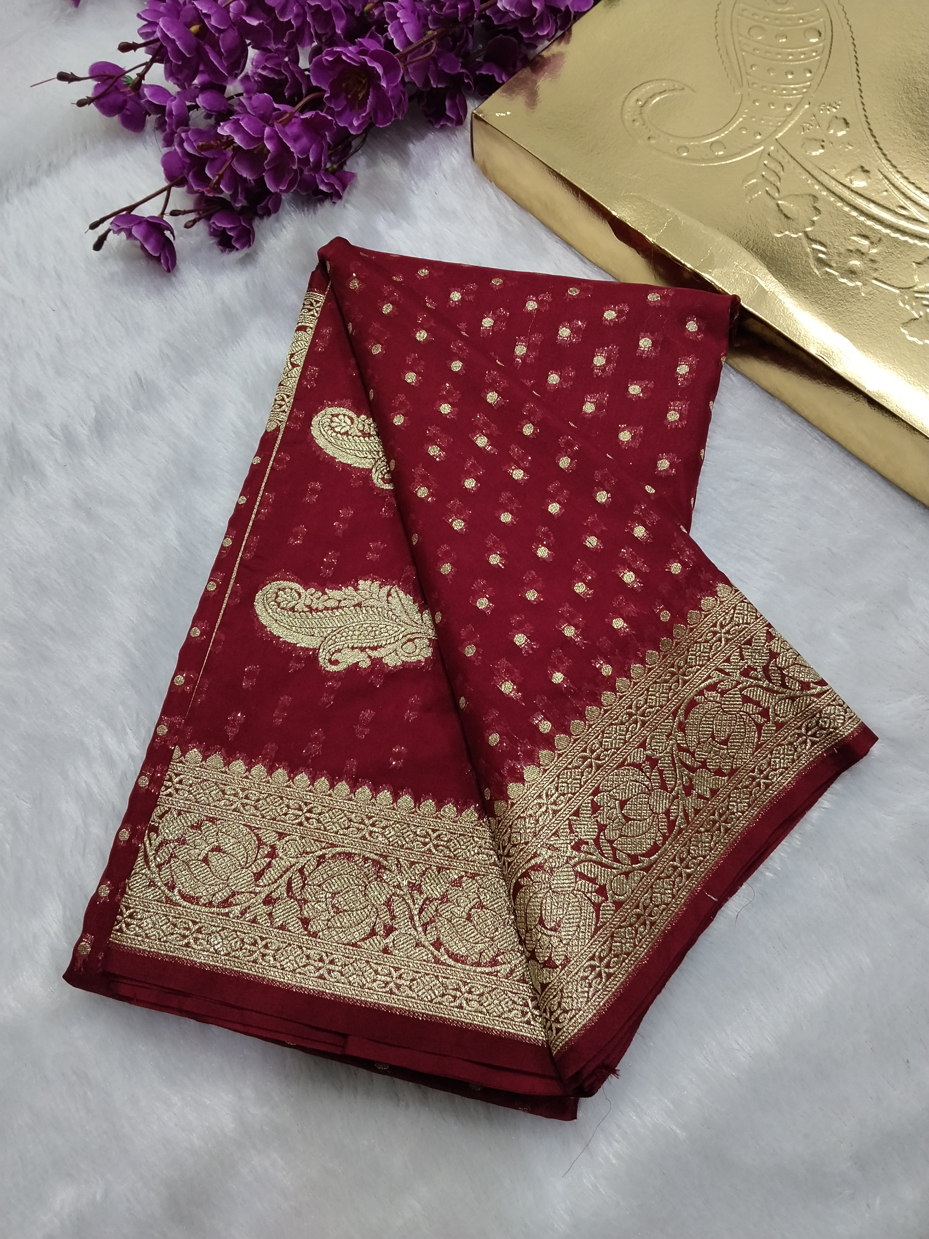 Maroon Gold Zari Khaddi Georgette Saree