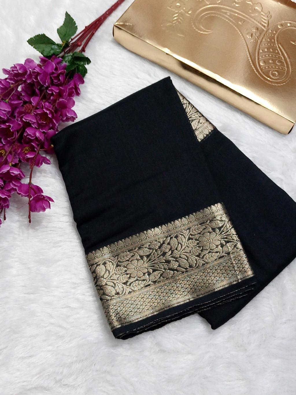 Jet Black Banarasi Semi Dupion Plain Body Saree