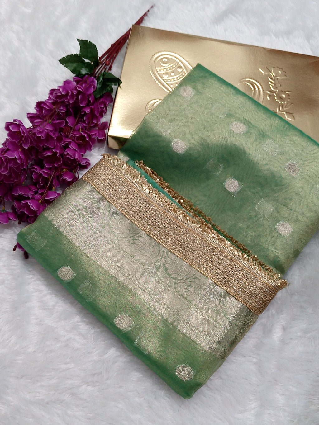 Sea Green Colour Kora Organza Tissue Saree With Gota Patti Work
