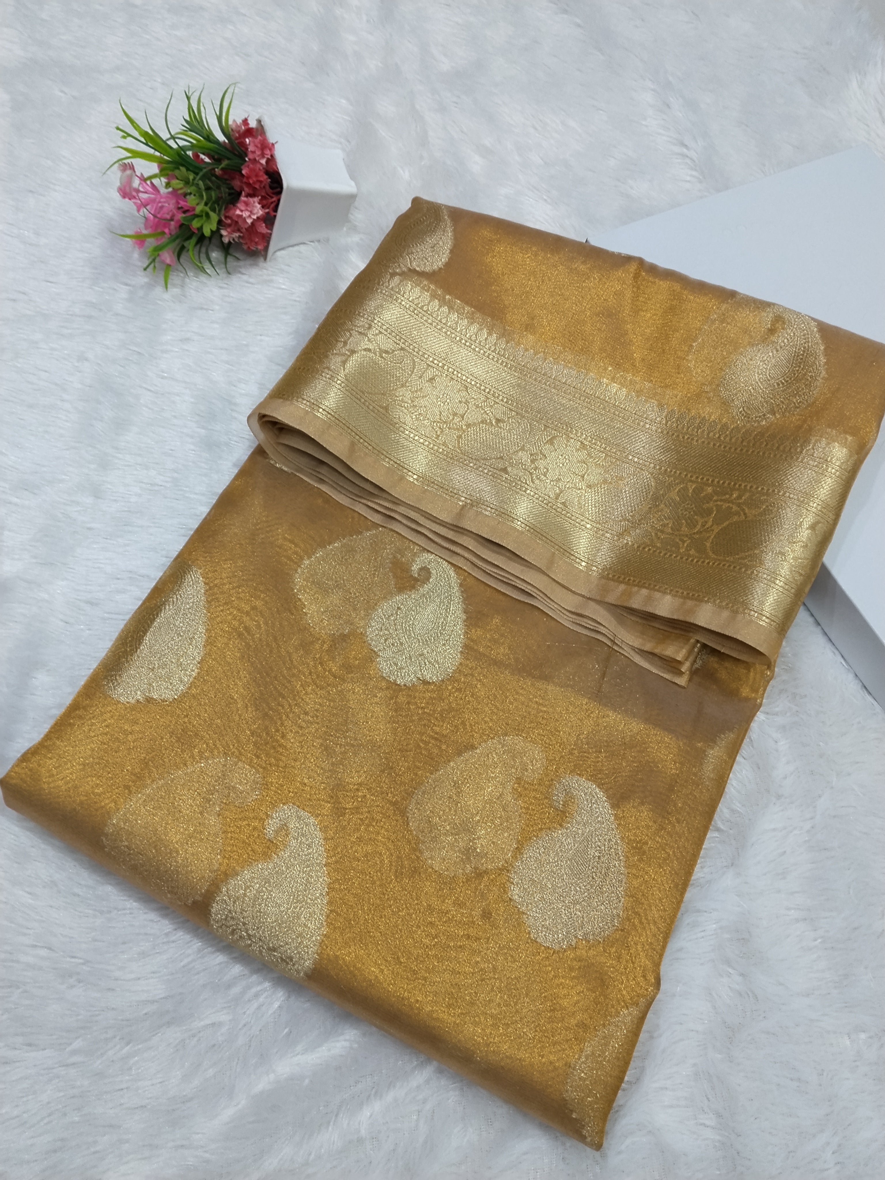Golden Zari Tissue Saree With All Over Kairi Designe Work