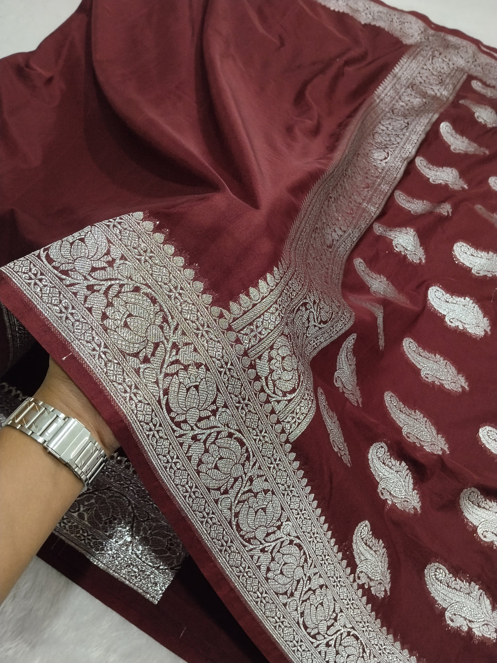 Dark Brown Colour Silver Zari Plain Body Khaddi Georgette Saree