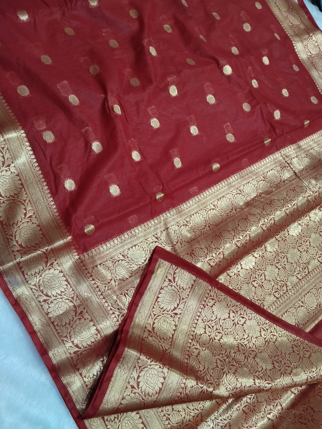 Maroon Colour Banarasi Fancy Cotton Saree With Brocade Blouse