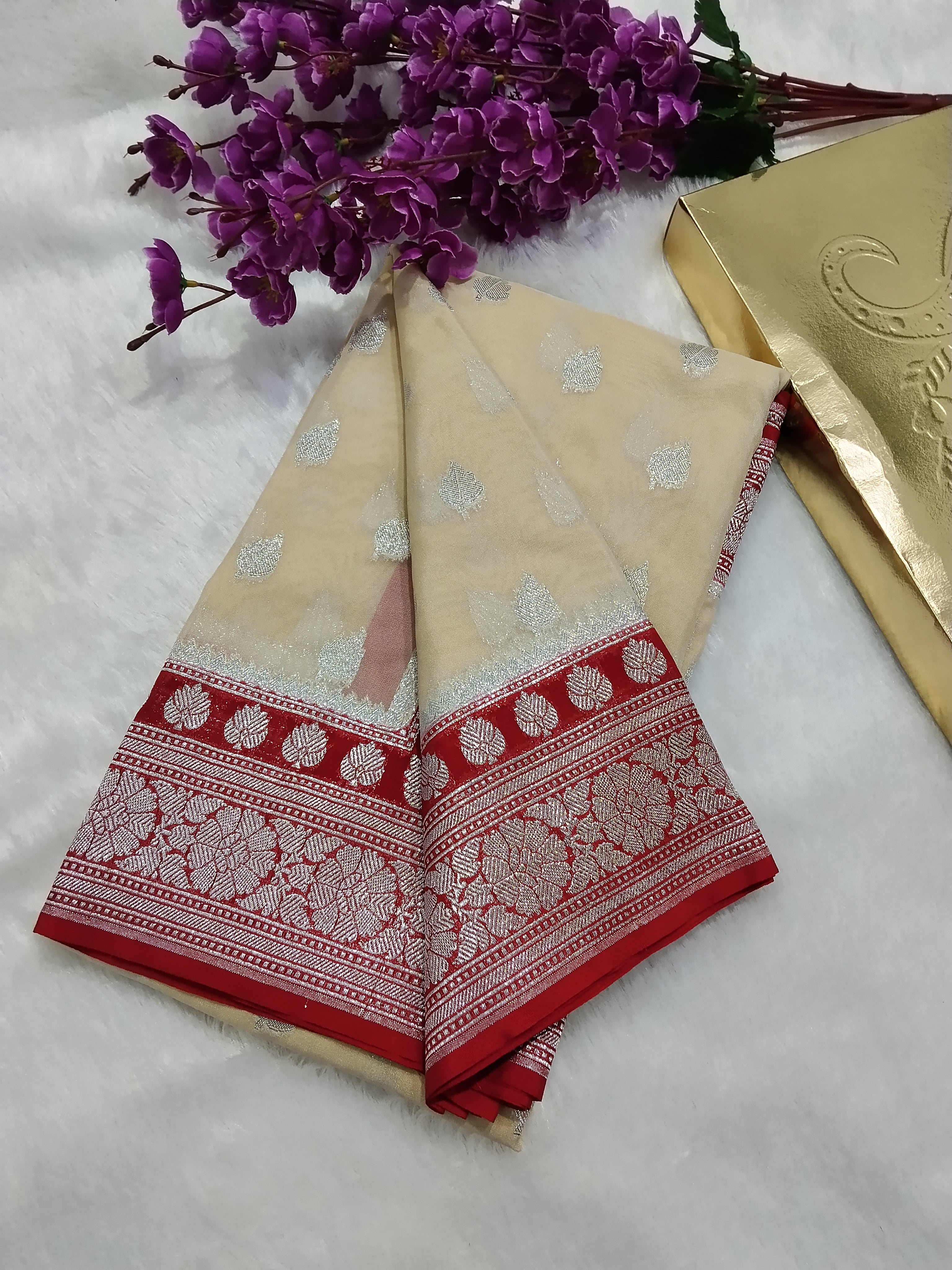 Beige And Red Colour Banarasi Khaddi Georgette Saree