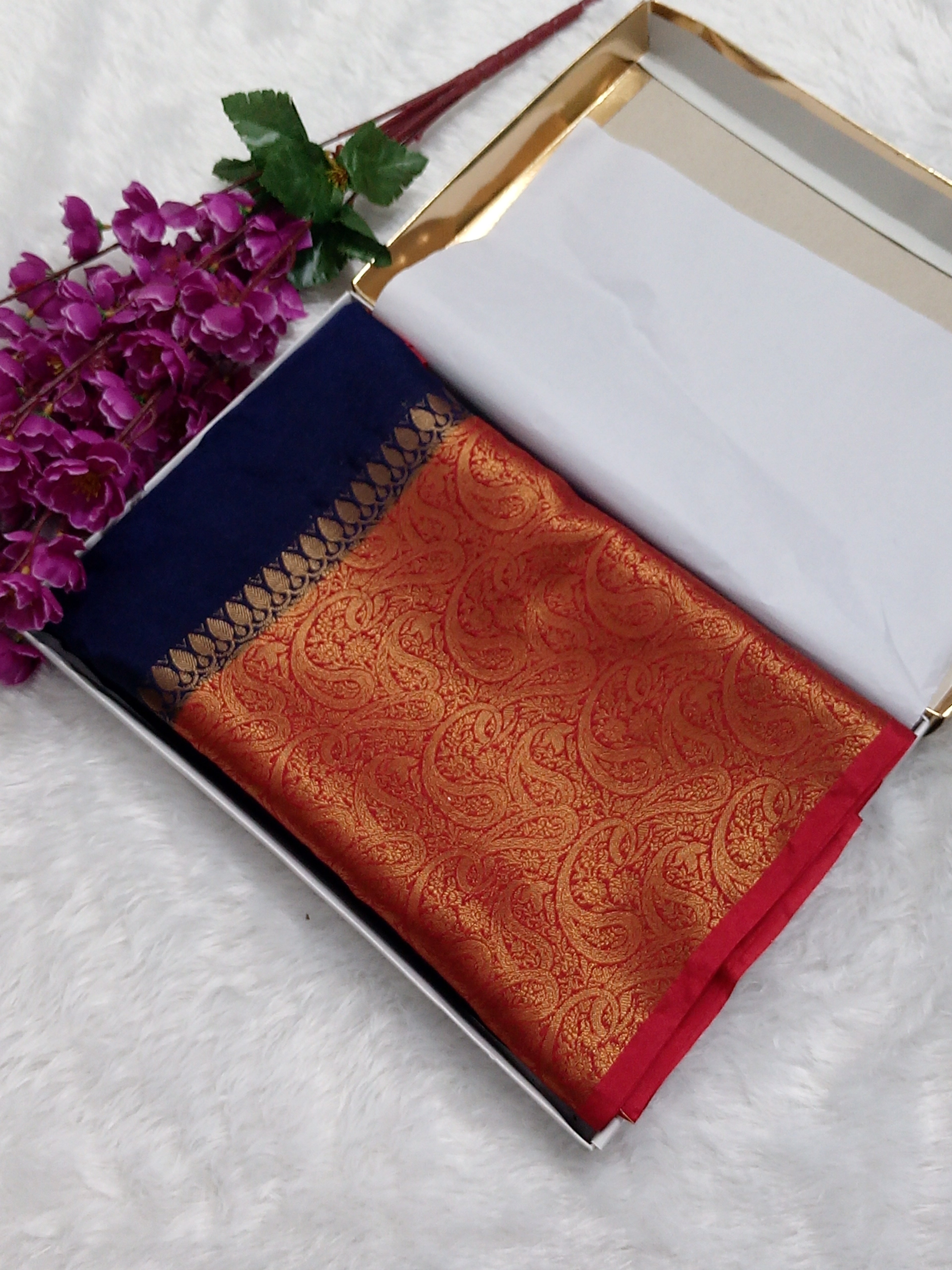 Navy Blue And Red Colour Plain Body Warm Silk Saree