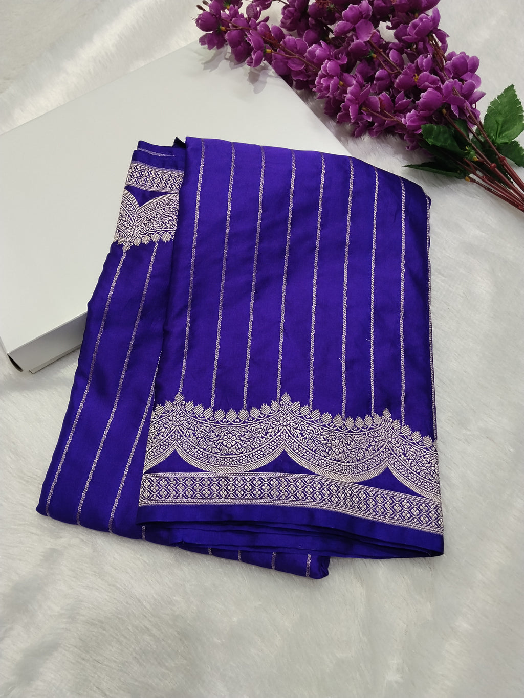 Violet Colour Banarasi Mashru Silk Saree With Strip Design