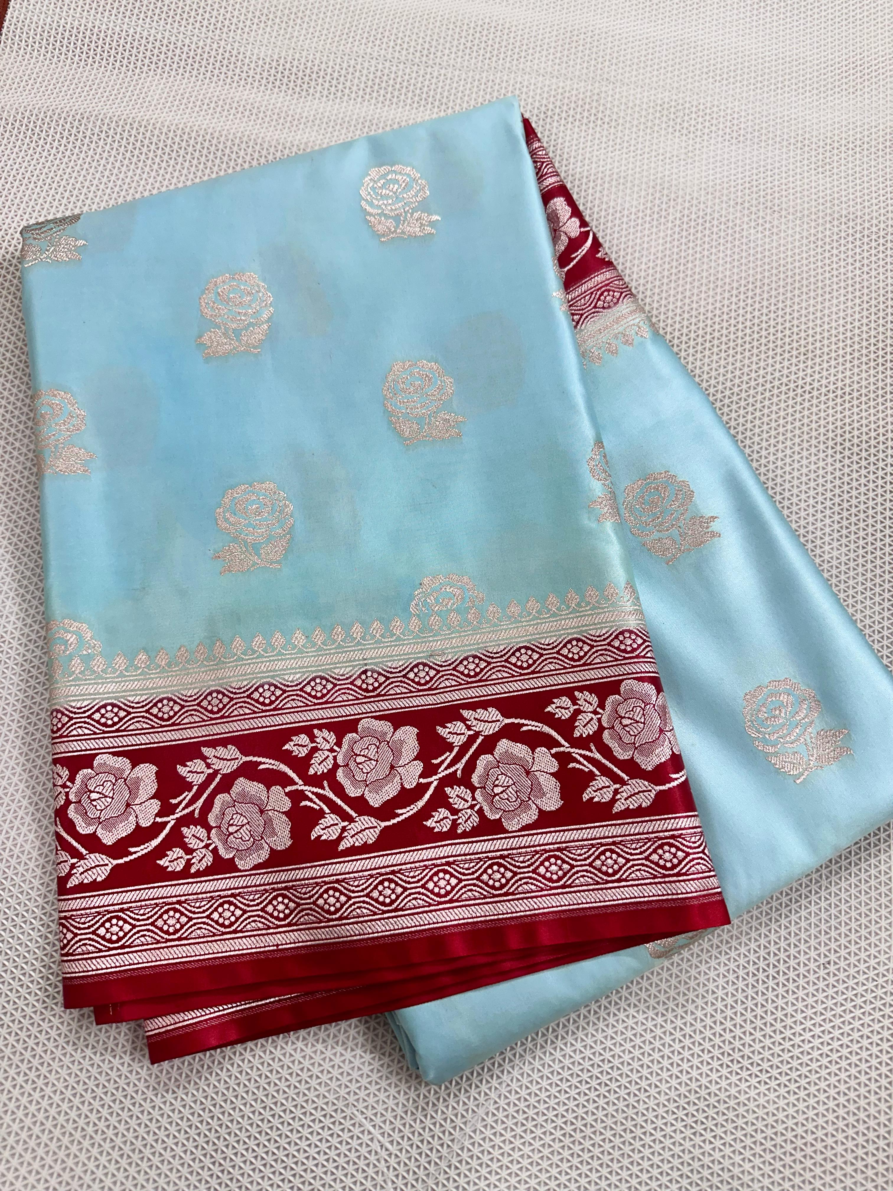 Sky Blue And Red Colour Banarasi Mashru Silk Saree