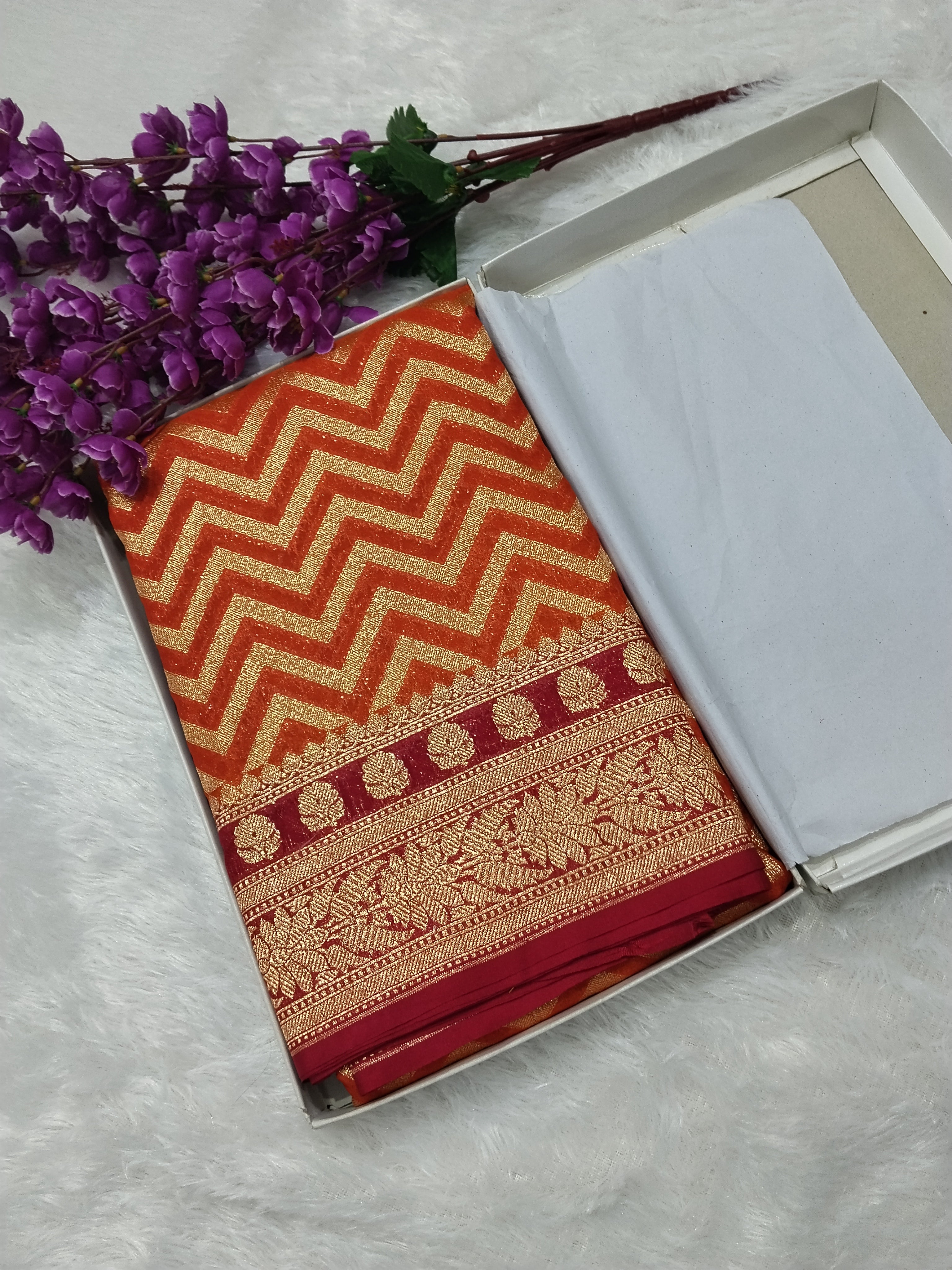 Orange And Dark Pink Colour Banarasi Khaddi Georgette Saree