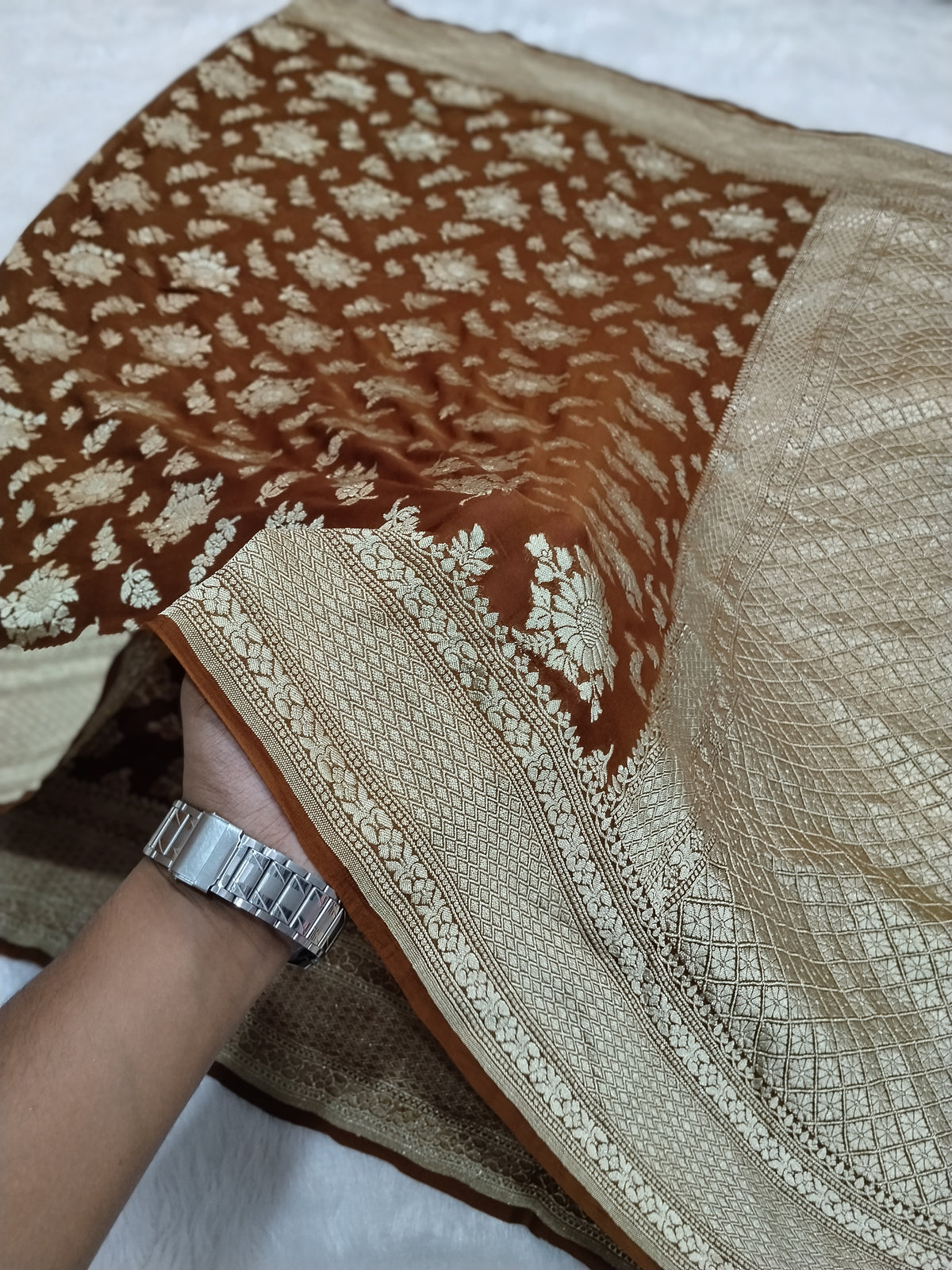 Dark Brown Colour Handloom Pure Banarasi Khaddi Georgette Saree Water Zari
