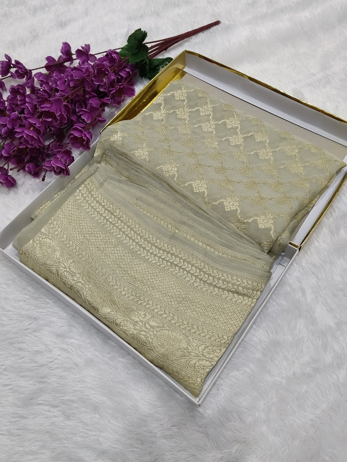 Beige Colour Handloom Pure Banarasi Khaddi Georgette Saree Water Zari