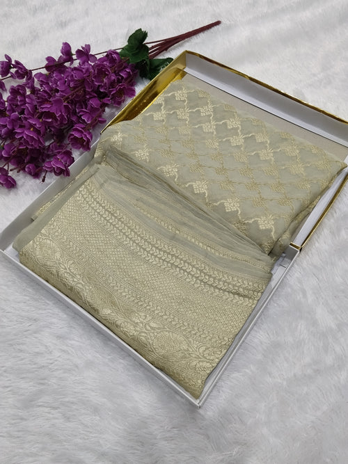 Beige Colour Handloom Pure Banarasi Khaddi Georgette Saree Water Zari