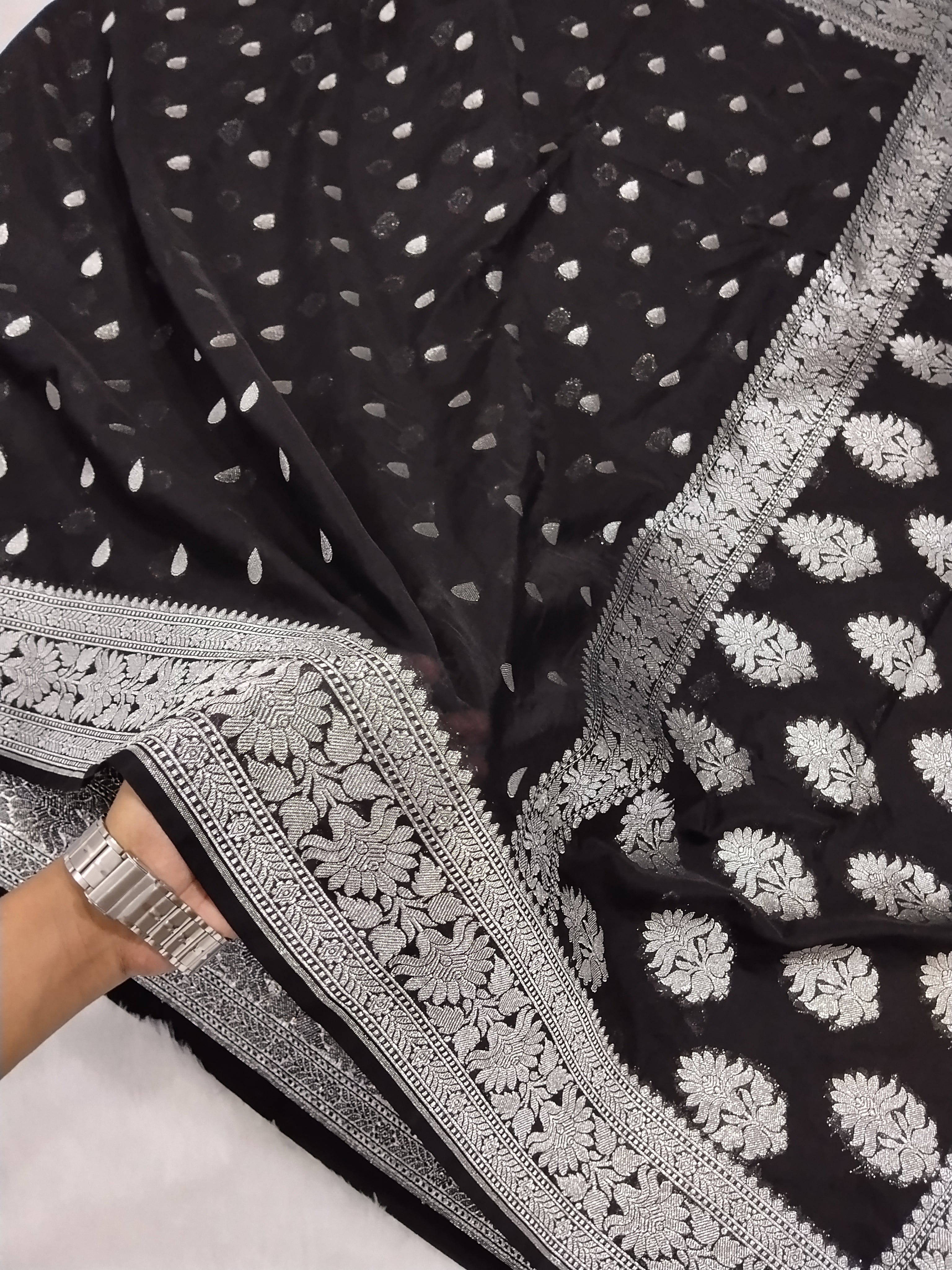 Jet Black Colour Zari Buti Body Khaddi Georgette Saree