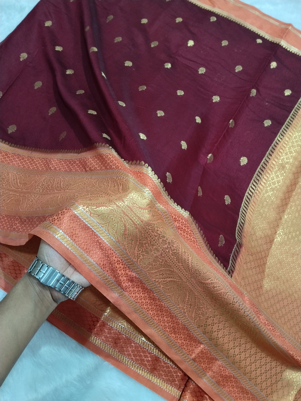 Maroon And Peach Colour Kanjivaram Border Moonga Silk Saree With Buti