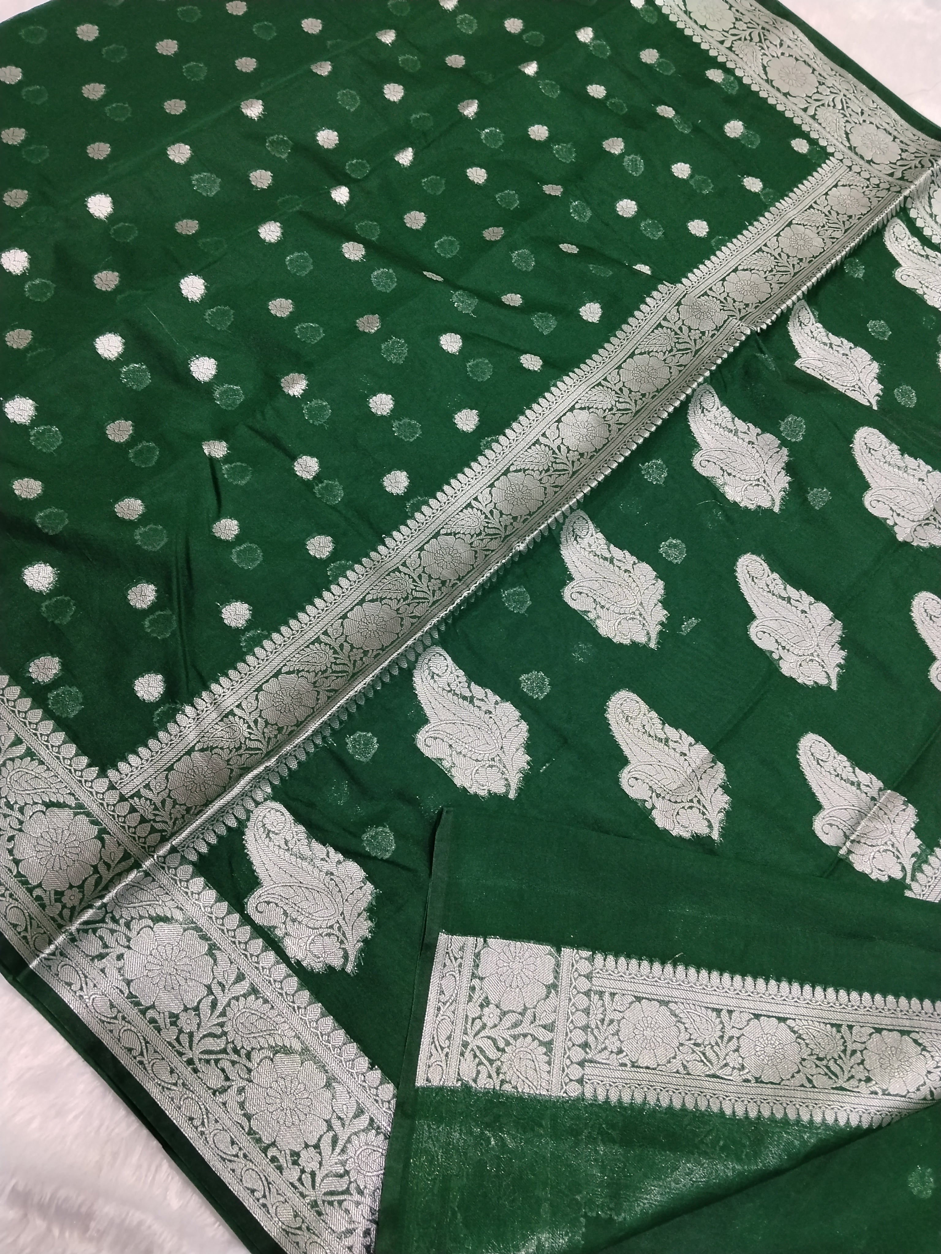 Bottle Green Colour Silver Zari Khaddi Georgette Saree