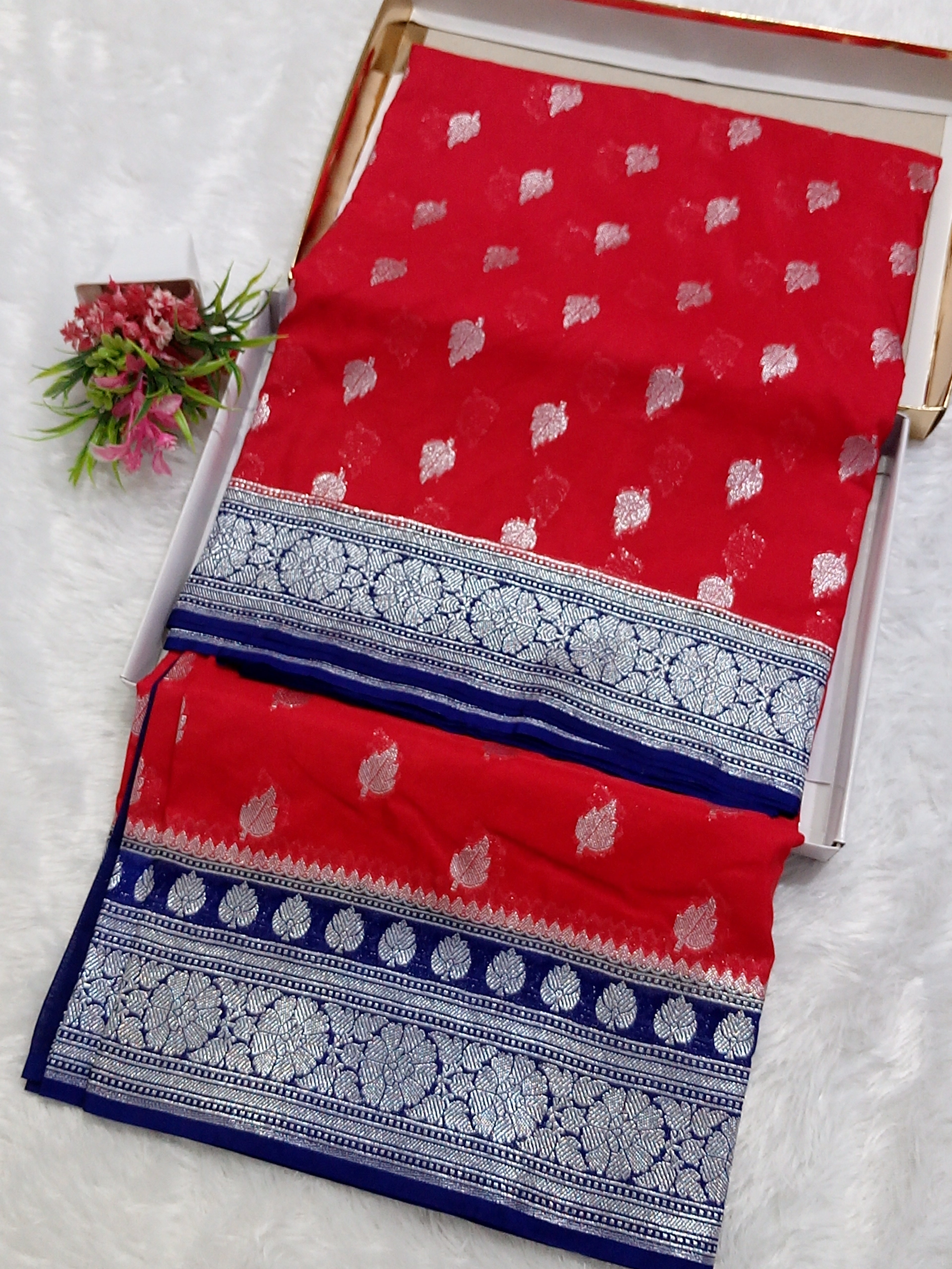Red And Blue Khaddi Georgette Saree