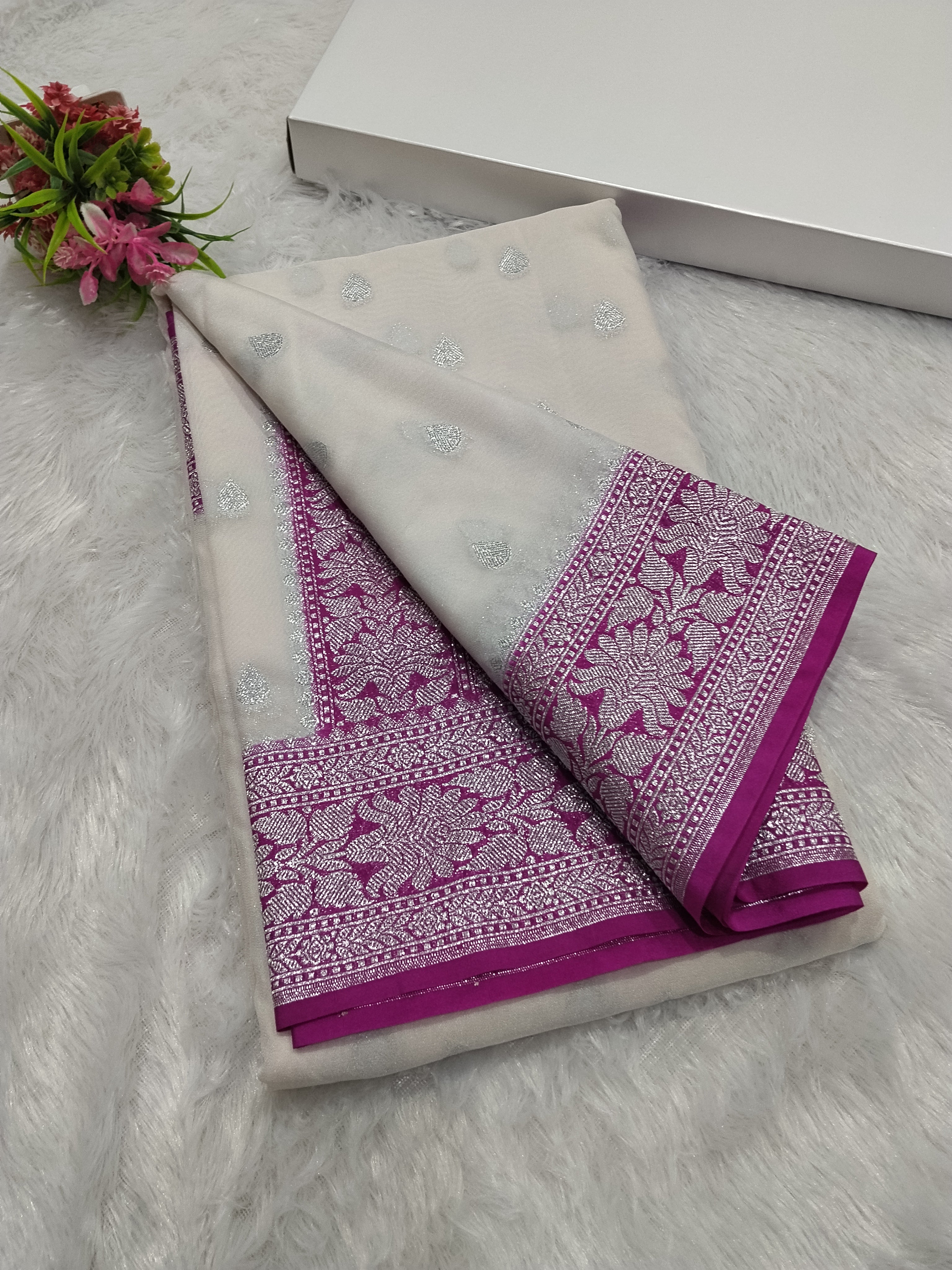 Off White And Pink Colour Banarasi Khaddi Georgette Saree