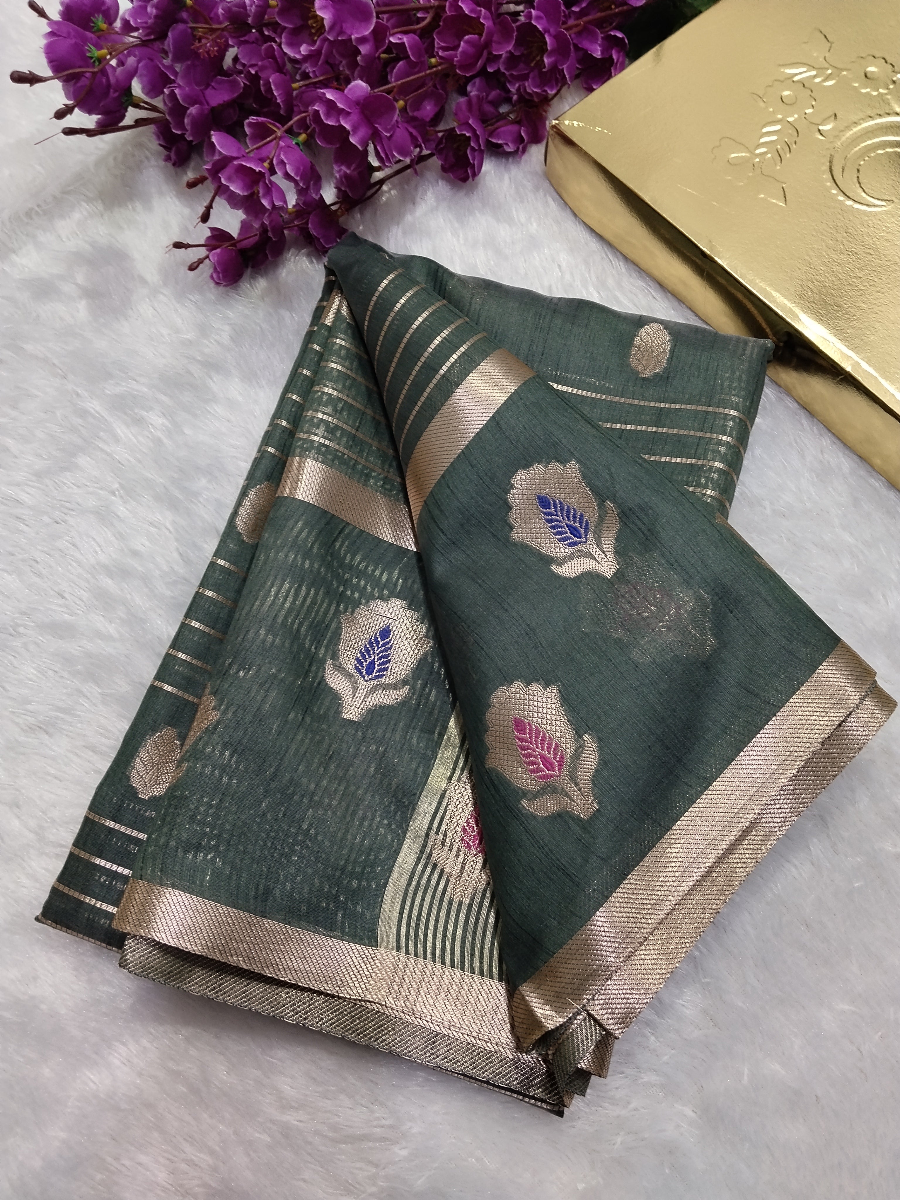 Grey Colour Banarasi Fancy Cotton Silk Saree With Strips Pallu And Blouse
