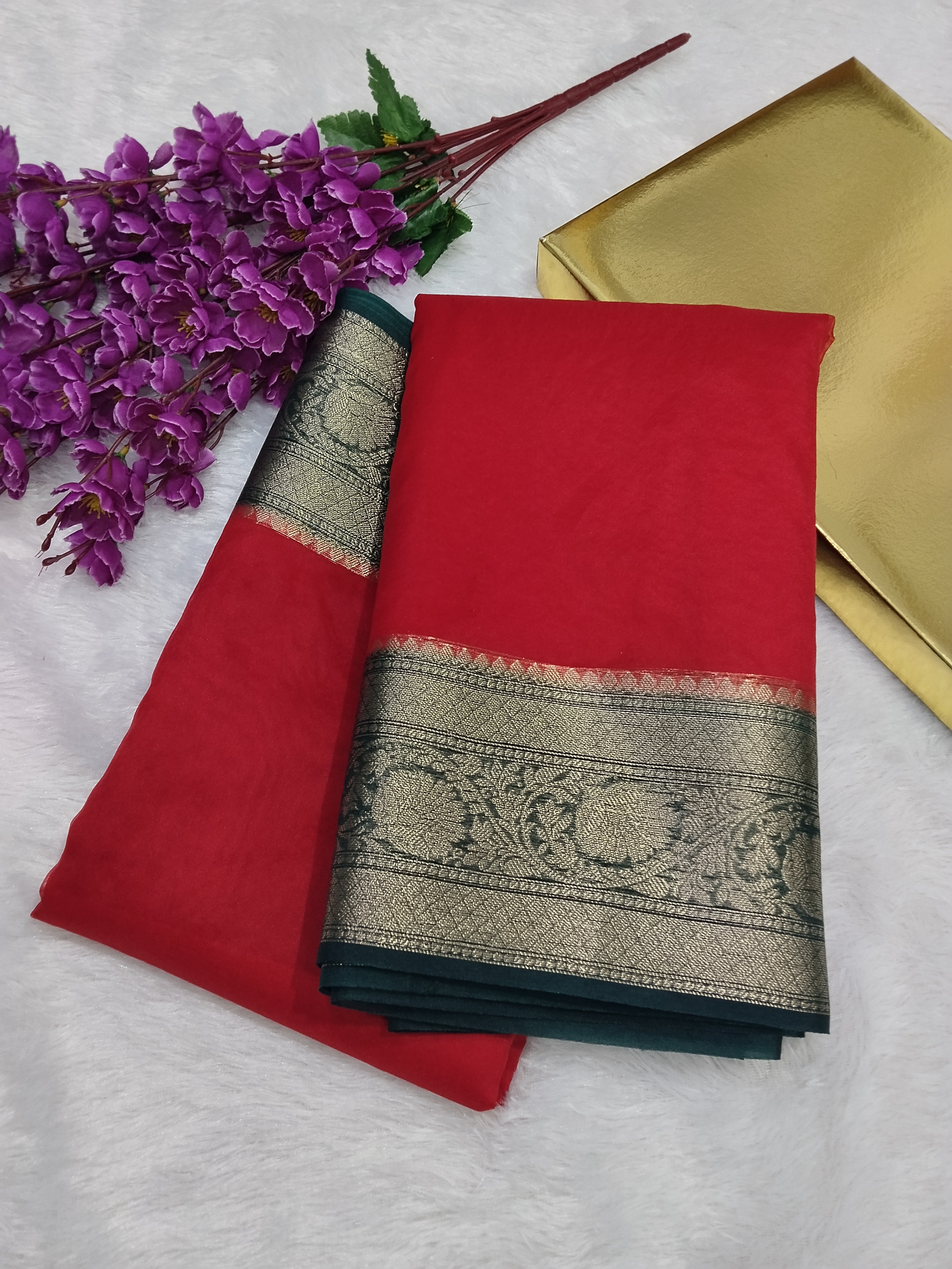Red And Green Colour Banarasi Kora Organza Saree With Brocade Blouse