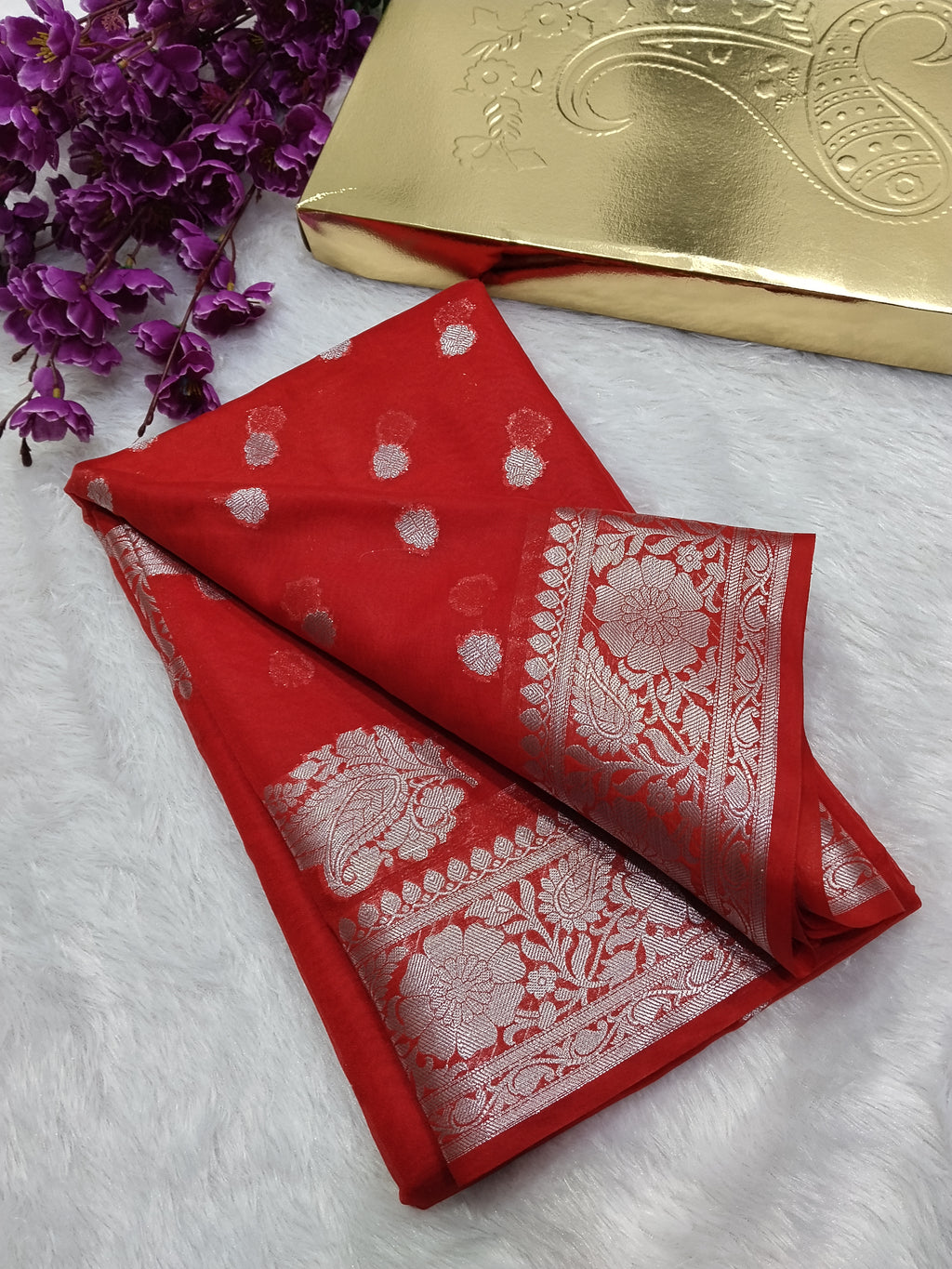 Red Colour Silver Zari Khaddi Georgette Saree