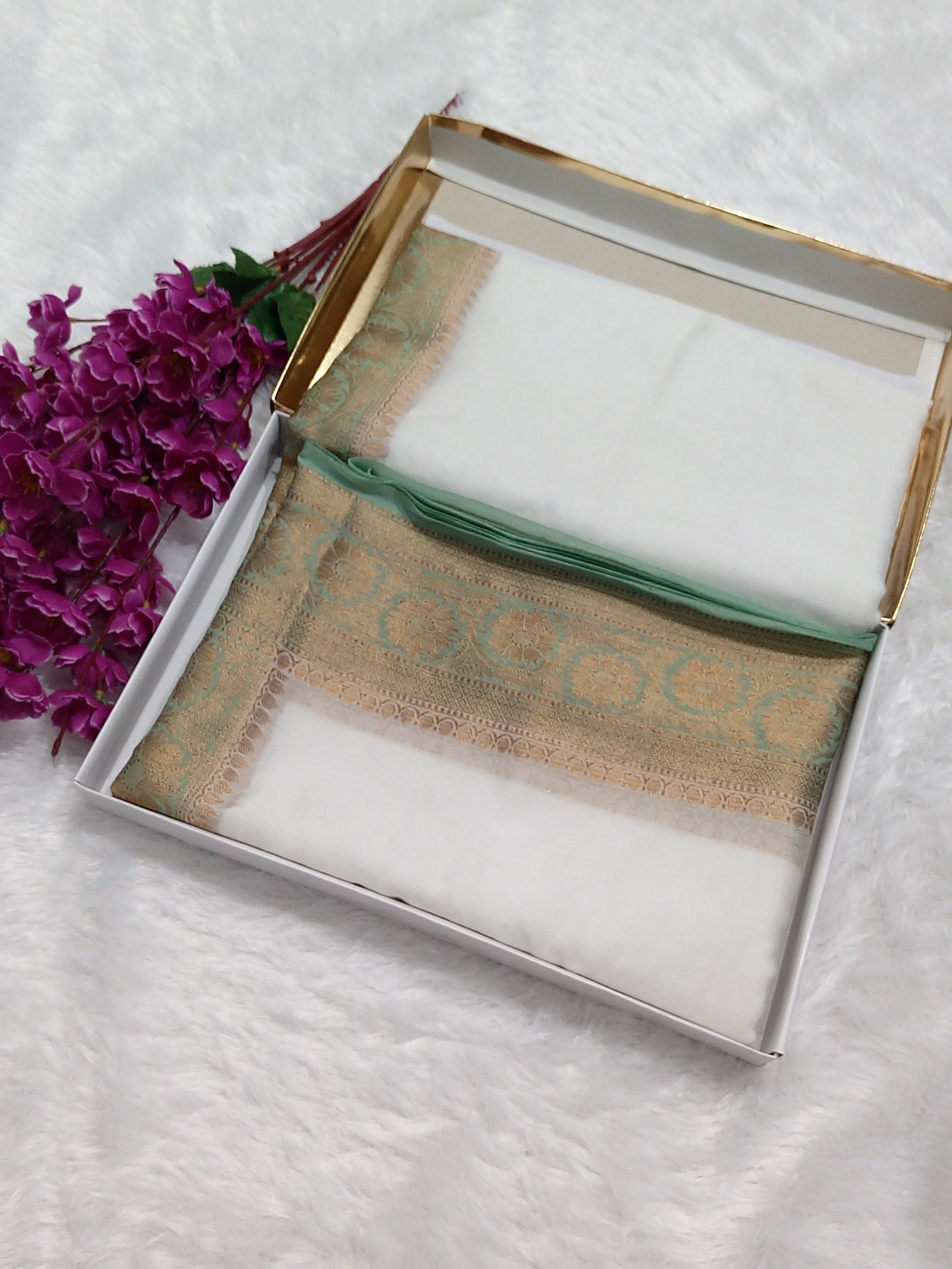 White And And Pista Green Colour Plain Body Warm Silk Saree