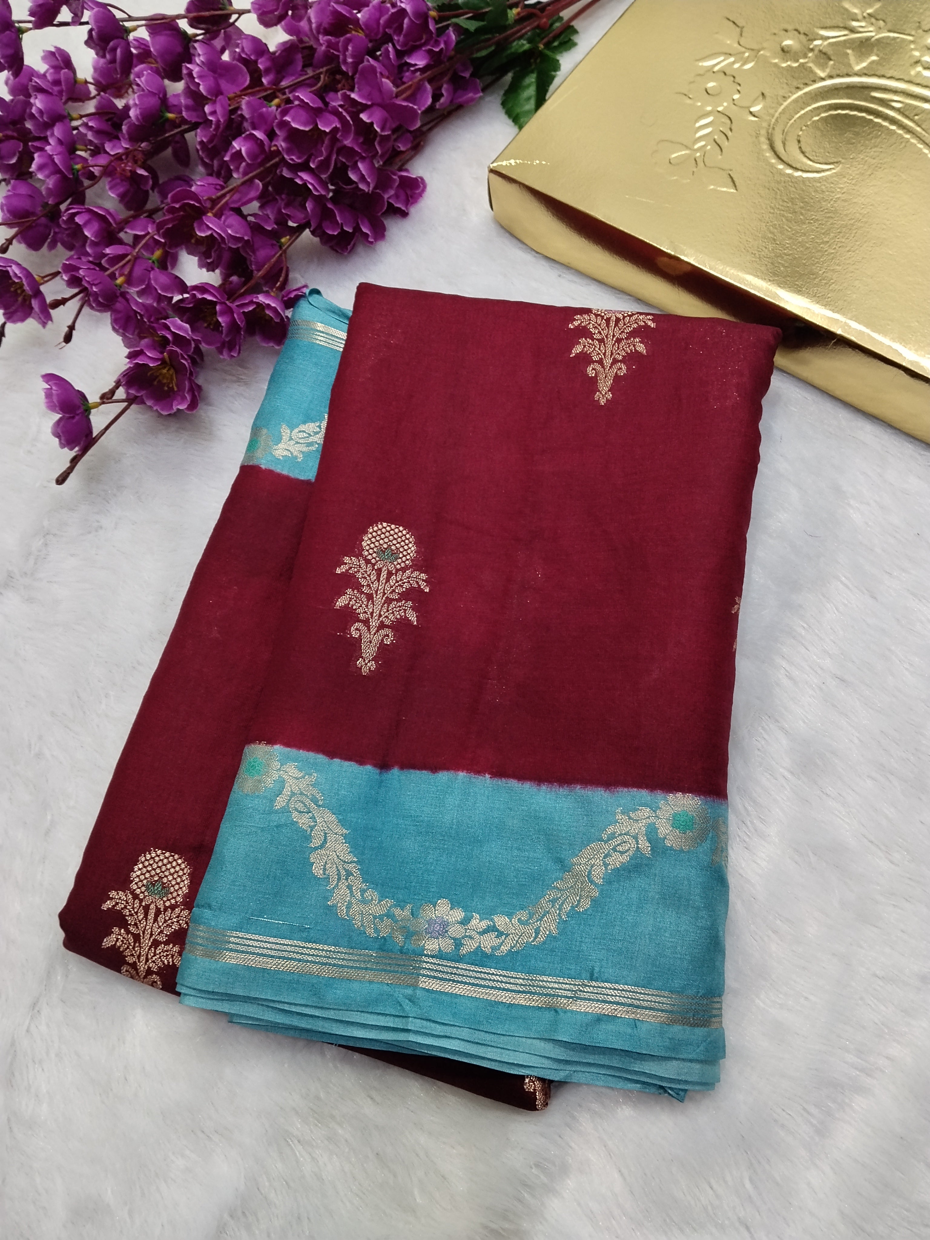 Maroon And Blue Banarasi Moonga Silk Saree