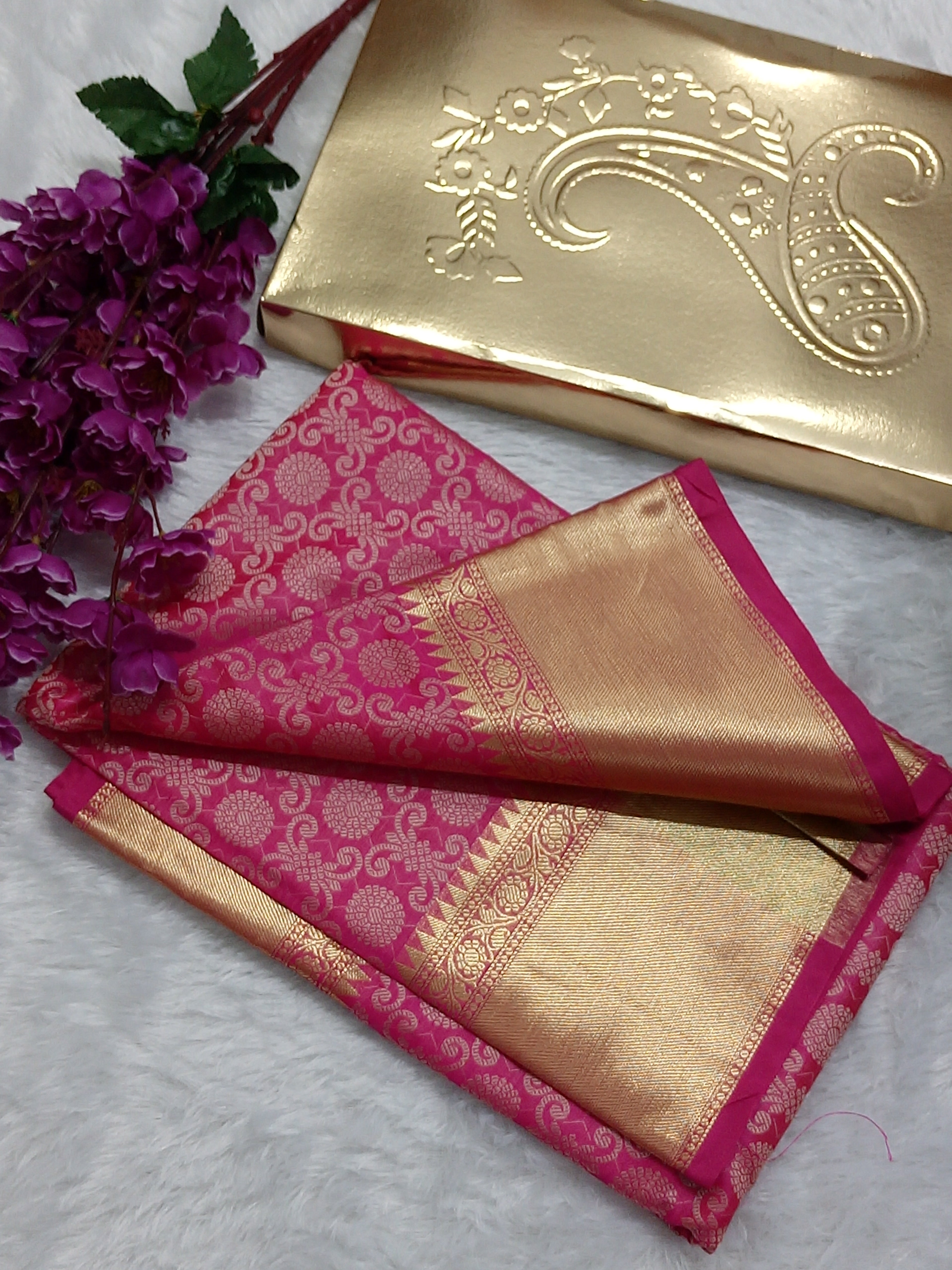 Pink Colour Zari Border Banarasi Semi Katan Brocade Saree