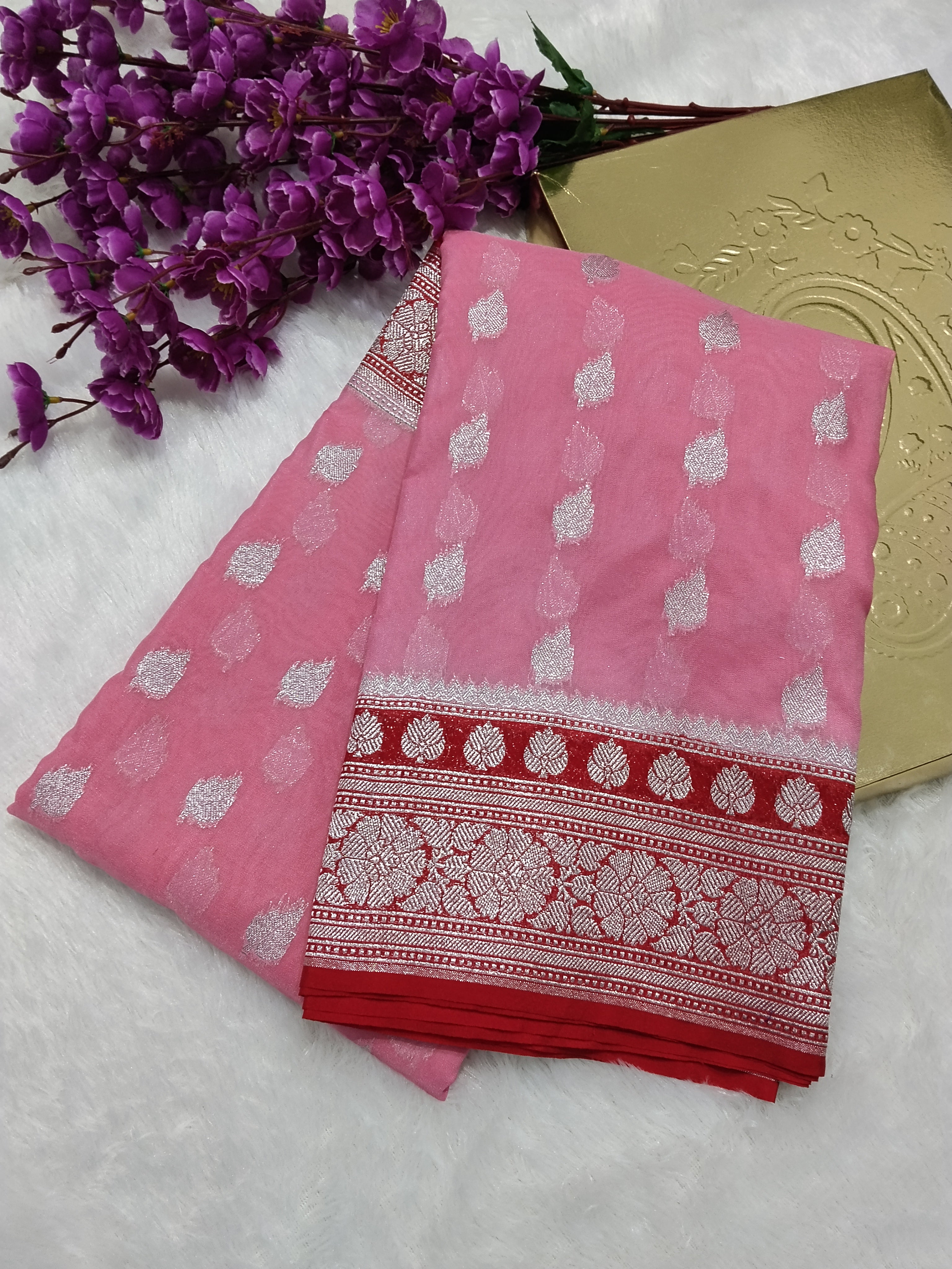 Baby Pink And Red Colour Banarasi Khaddi Georgette Saree