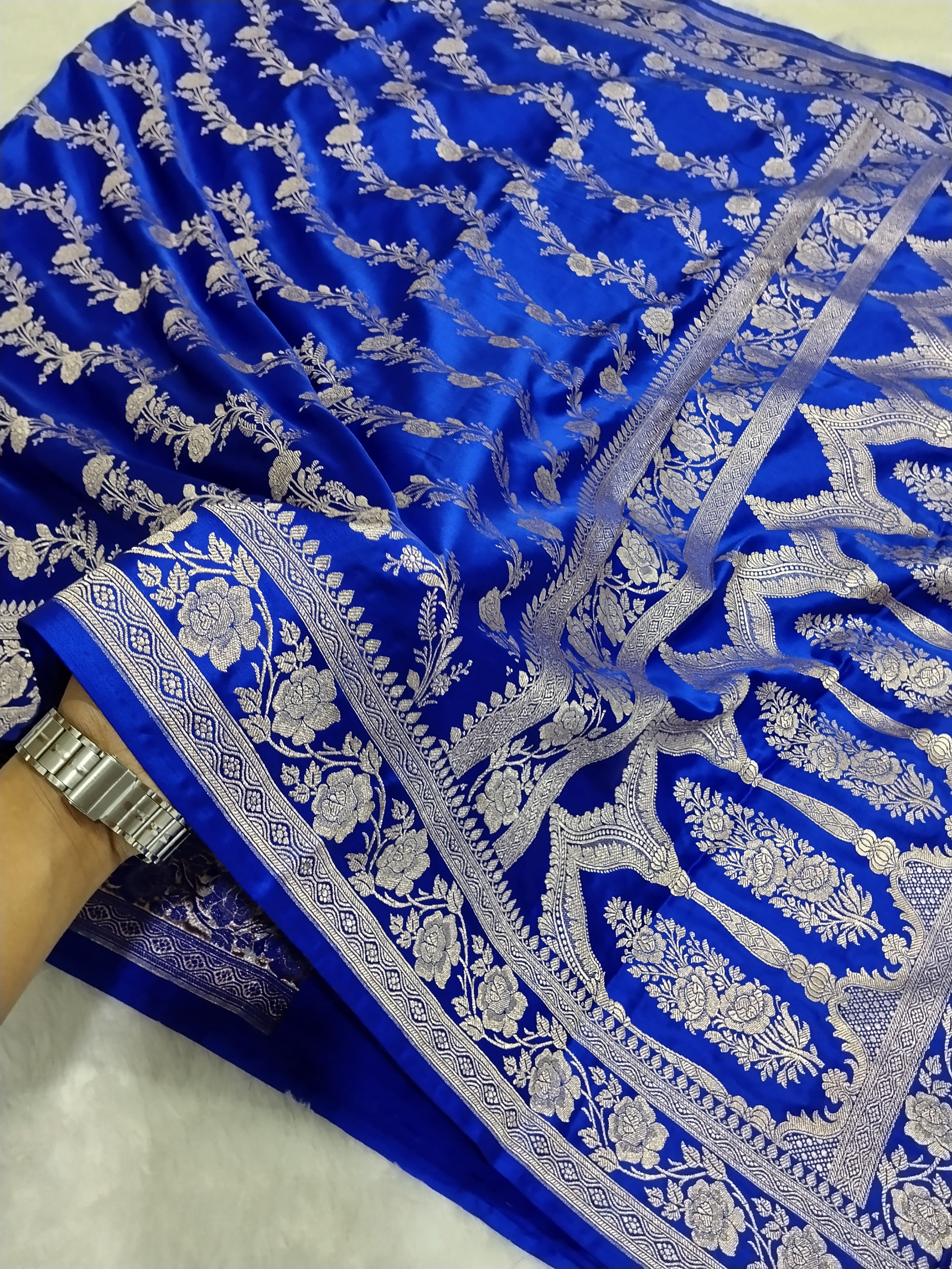 Blue Colour Banarasi Mashru Silk Saree With Jal Design