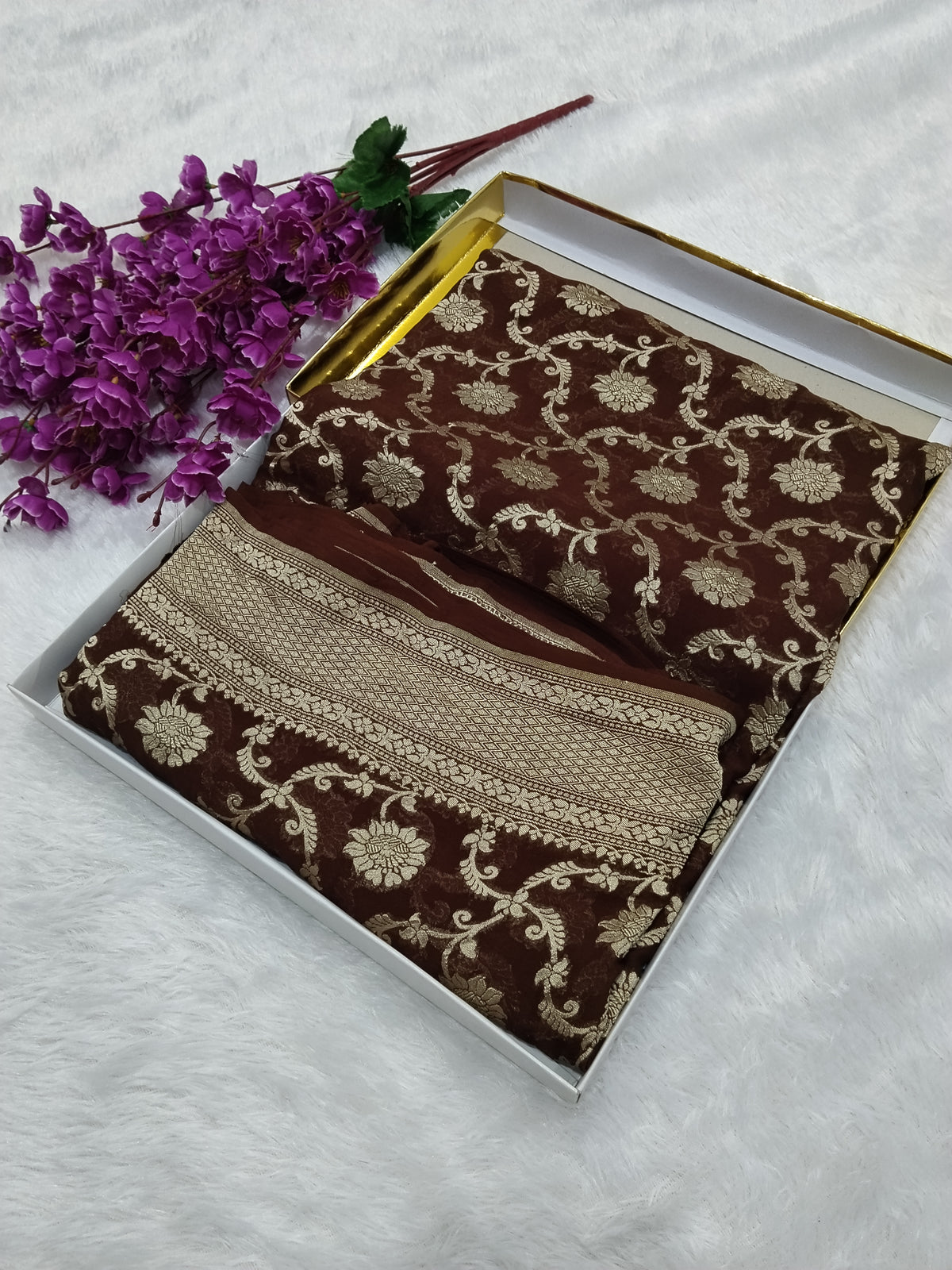 Coffee Brown Colour Handloom Pure Banarasi Khaddi Georgette Saree Water Zari
