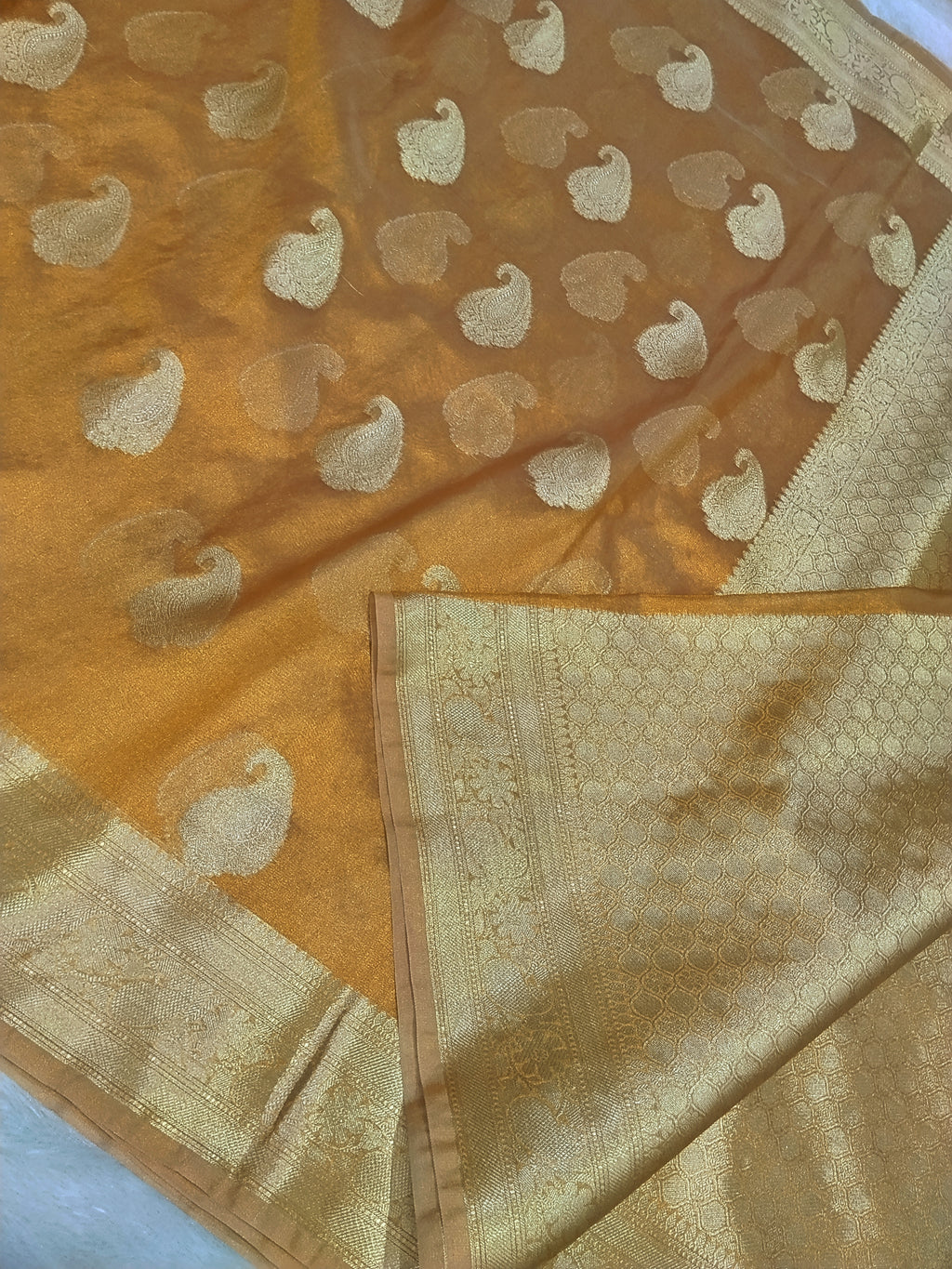 Golden Zari Tissue Saree With All Over Kairi Designe Work