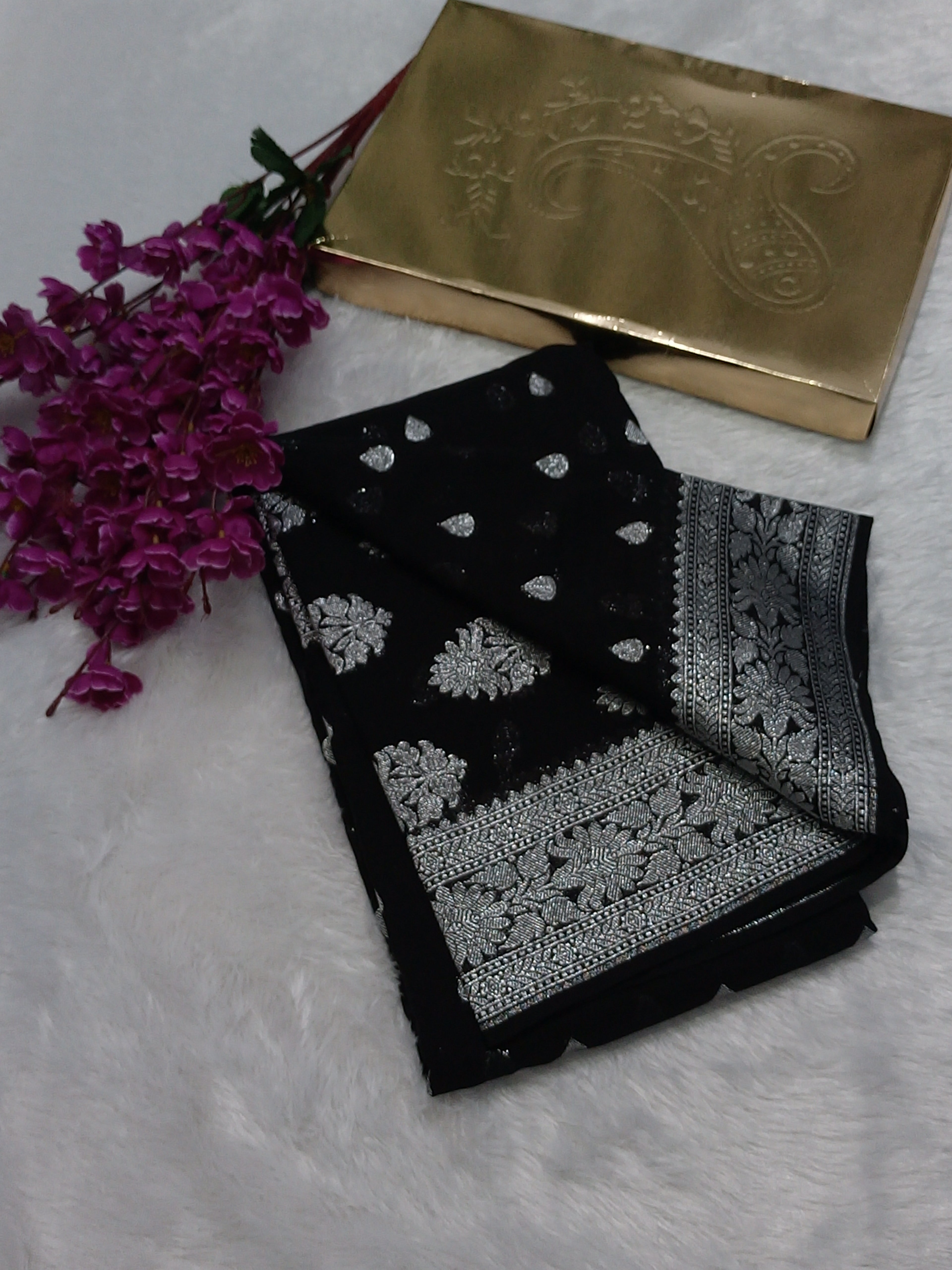 Full Black Colour Zari Buti Khaddi Georgette Saree