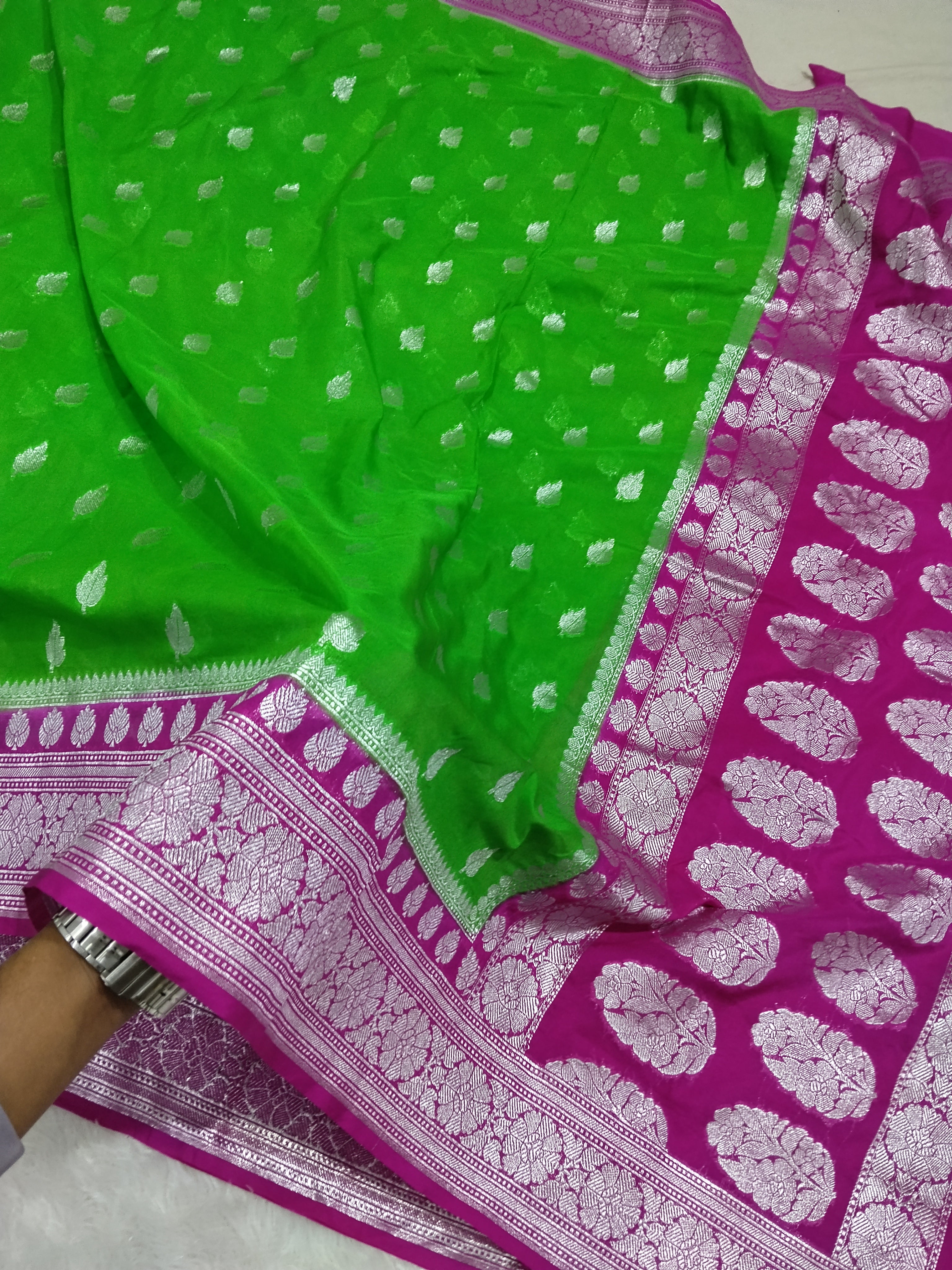 Parrot Green And Pink Colour Zari Buti Khaddi Georgette Saree