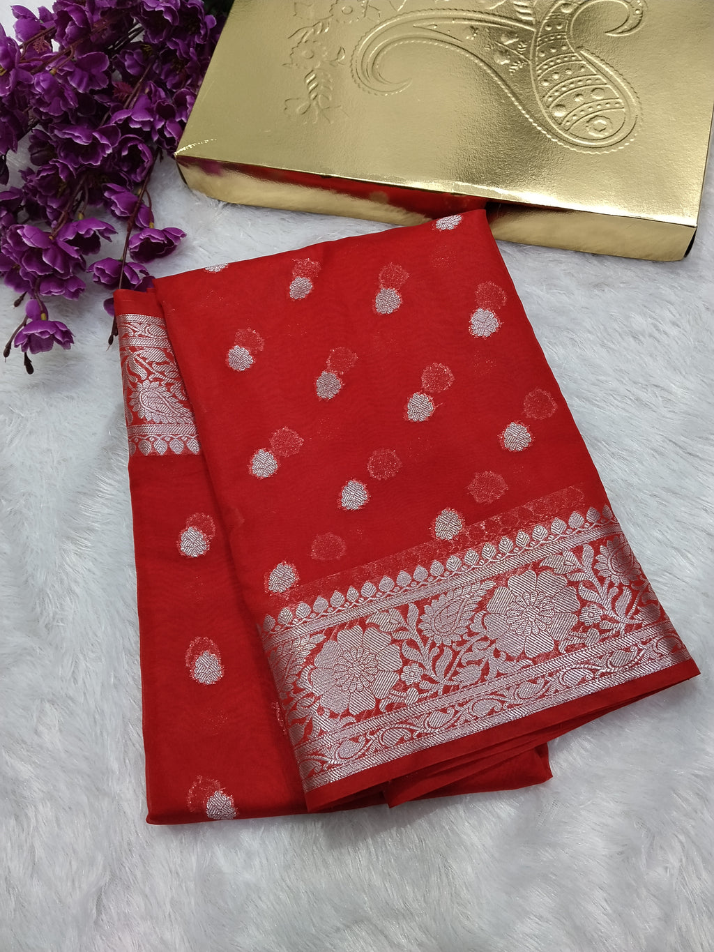 Red Colour Silver Zari Khaddi Georgette Saree