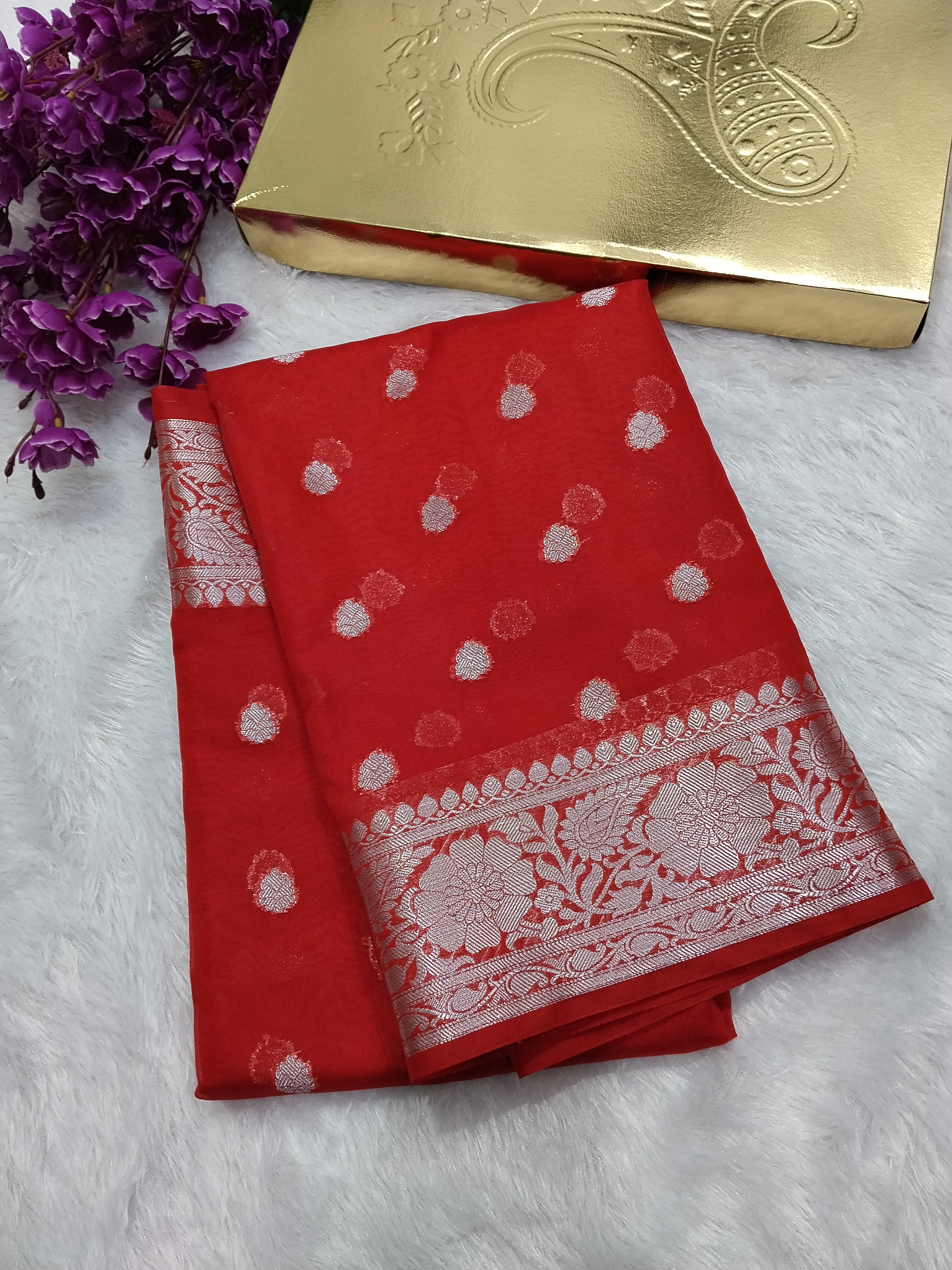 Red Colour Silver Zari Khaddi Georgette Saree