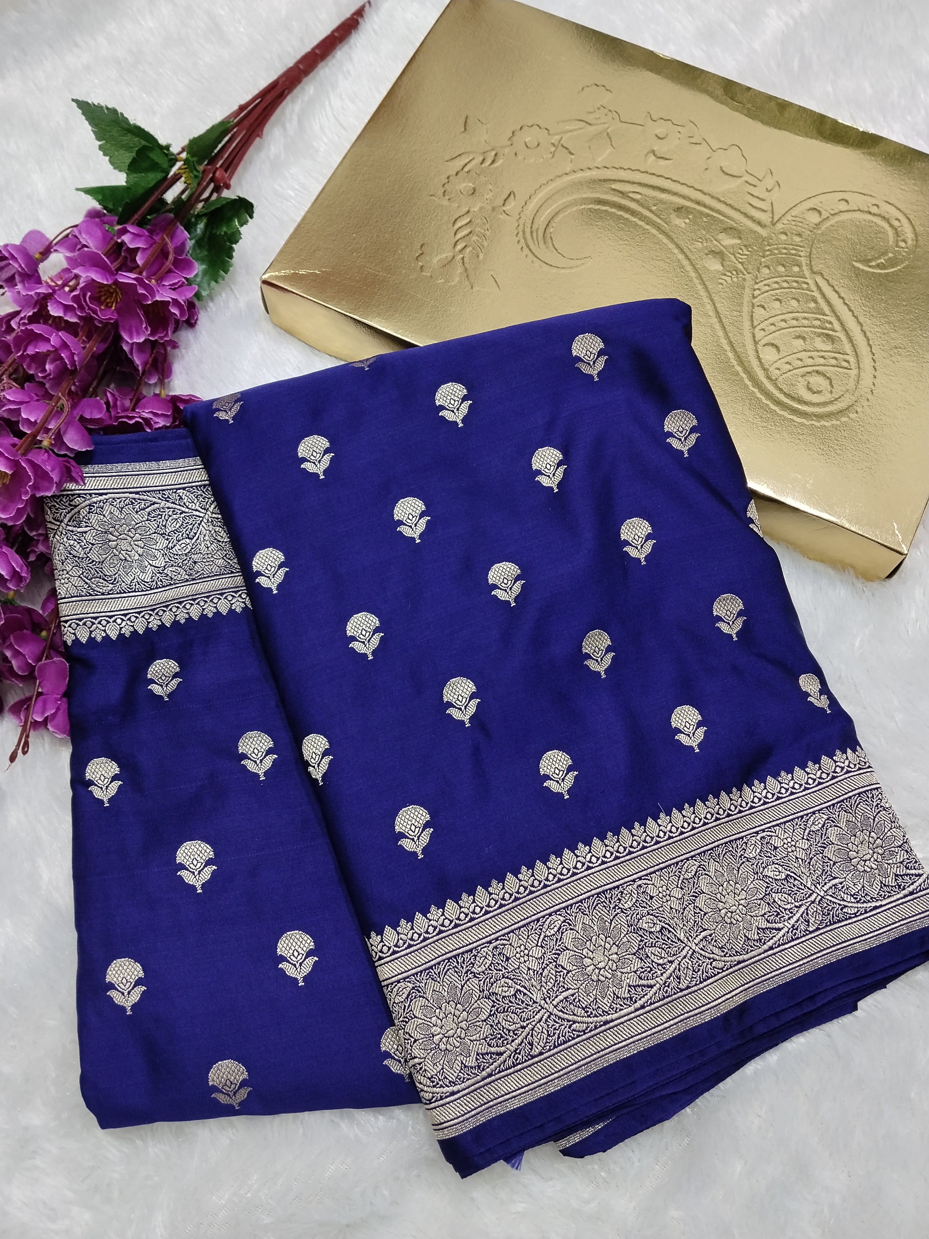 Navy Blue Color Banarasi Mashru Silk Saree