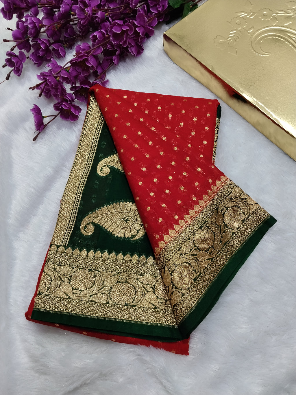 Red And Bottle Green Gold Zari Khaddi Georgette Saree