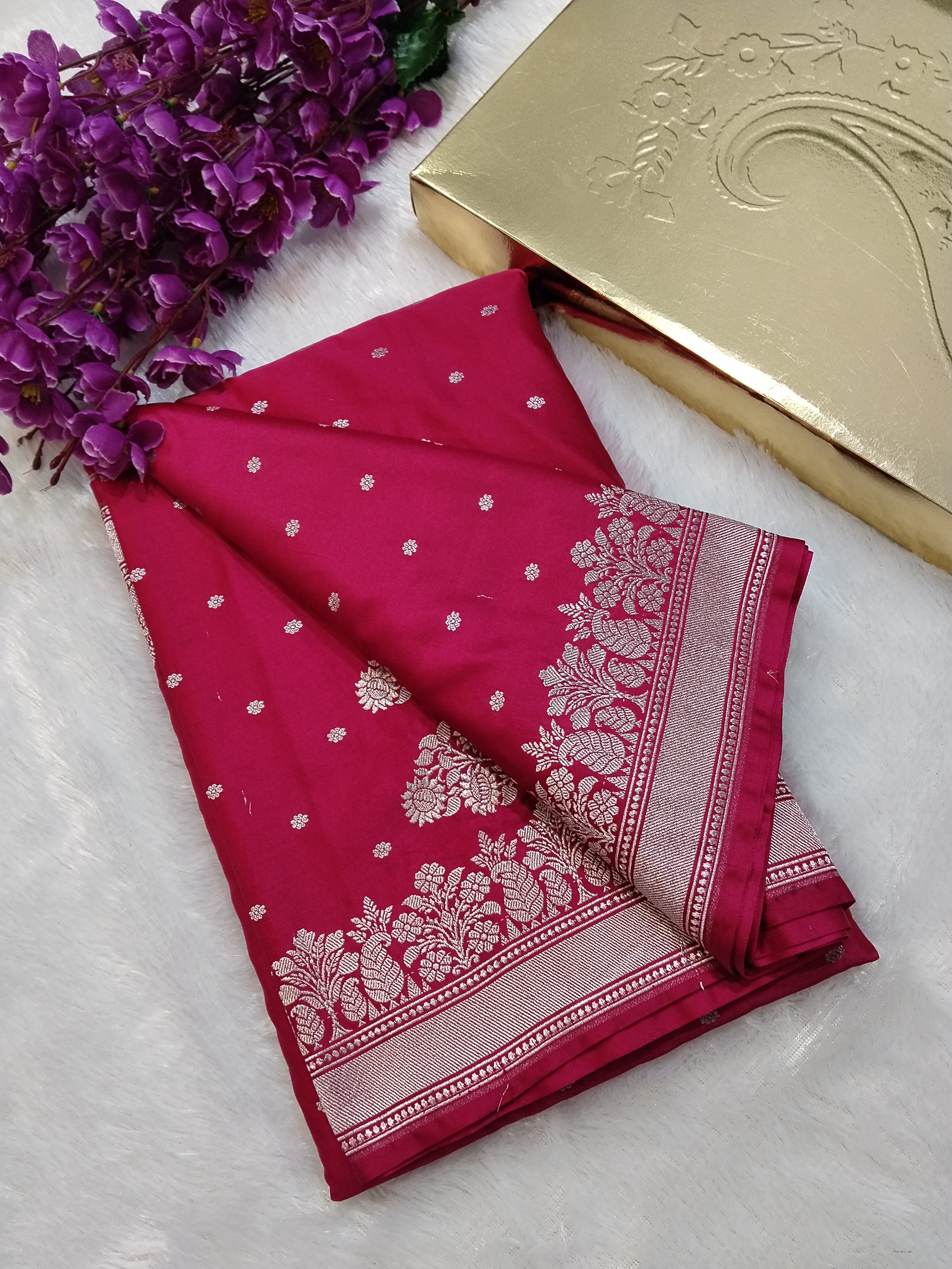 Solid Pink Colour Banarasi Mashru Silk Saree With Temple Border