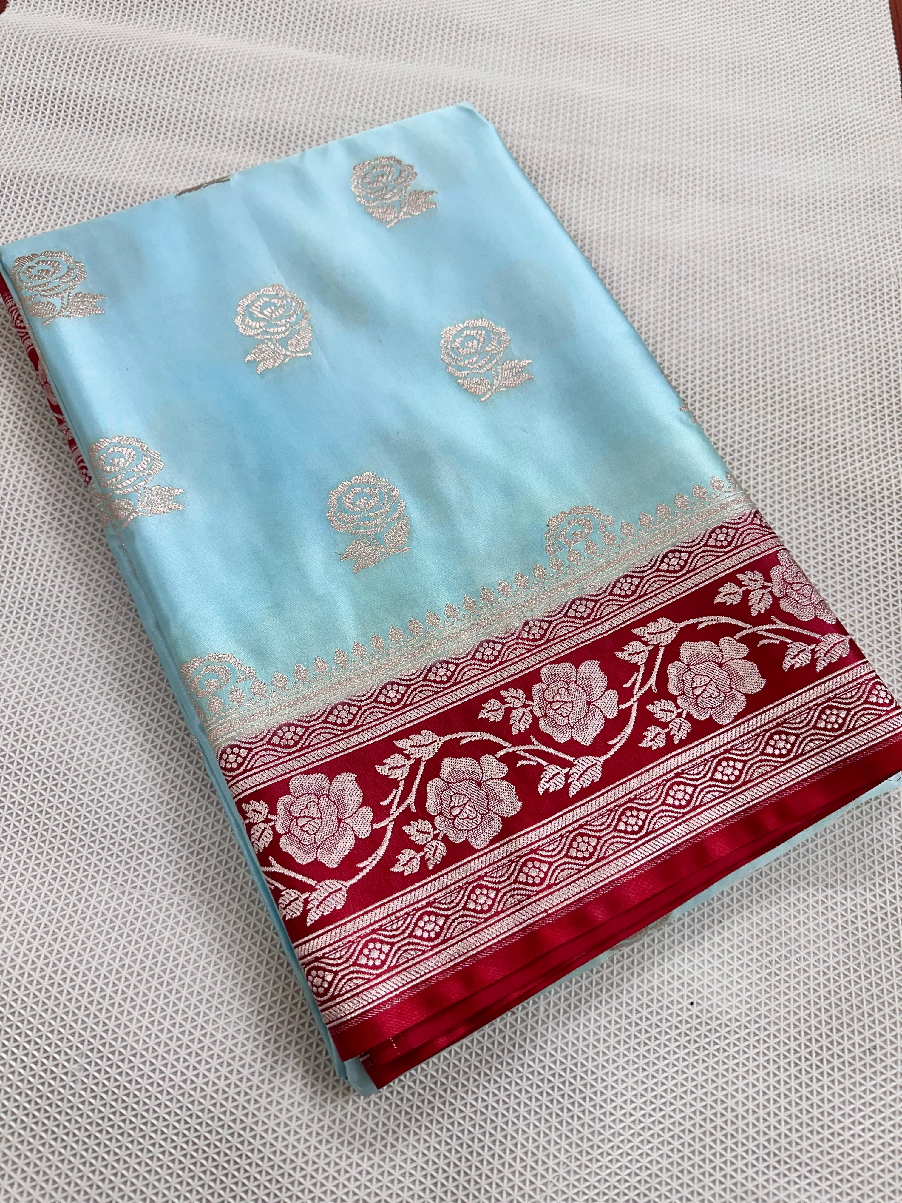 Sky Blue And Red Colour Banarasi Mashru Silk Saree