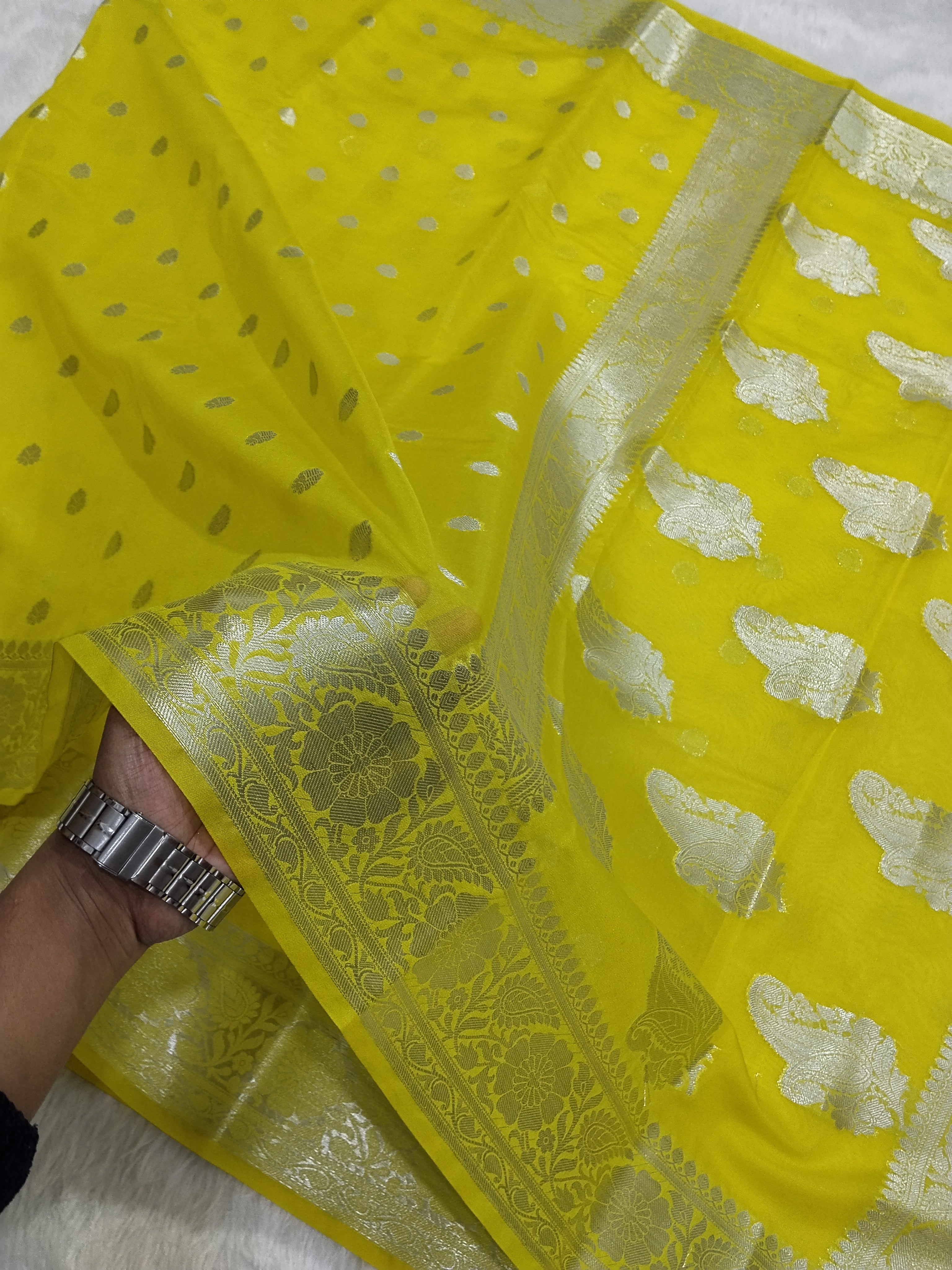 Yellow Colour Silver Zari Khaddi Georgette Saree