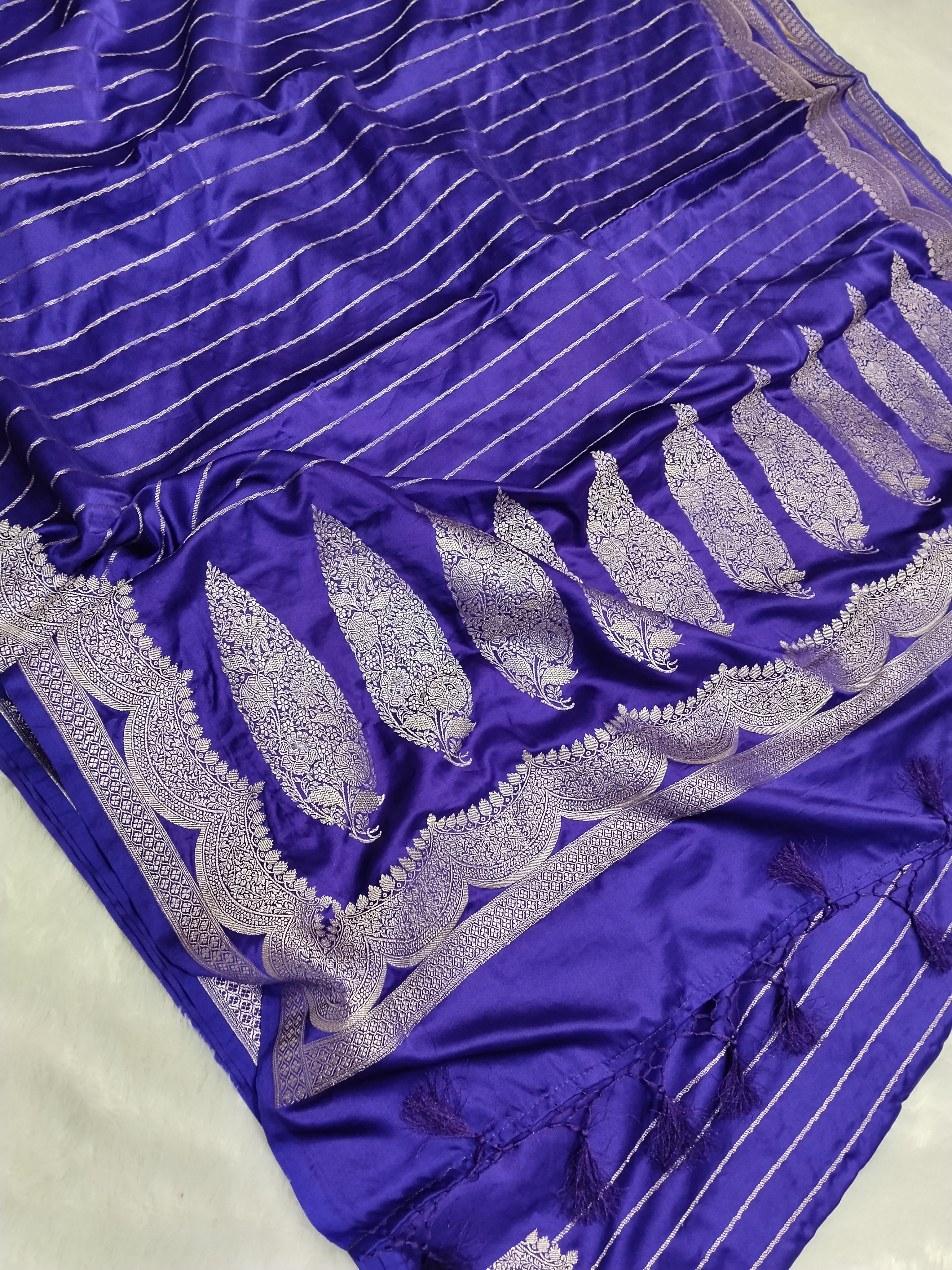 Violet Colour Banarasi Mashru Silk Saree With Strip Design