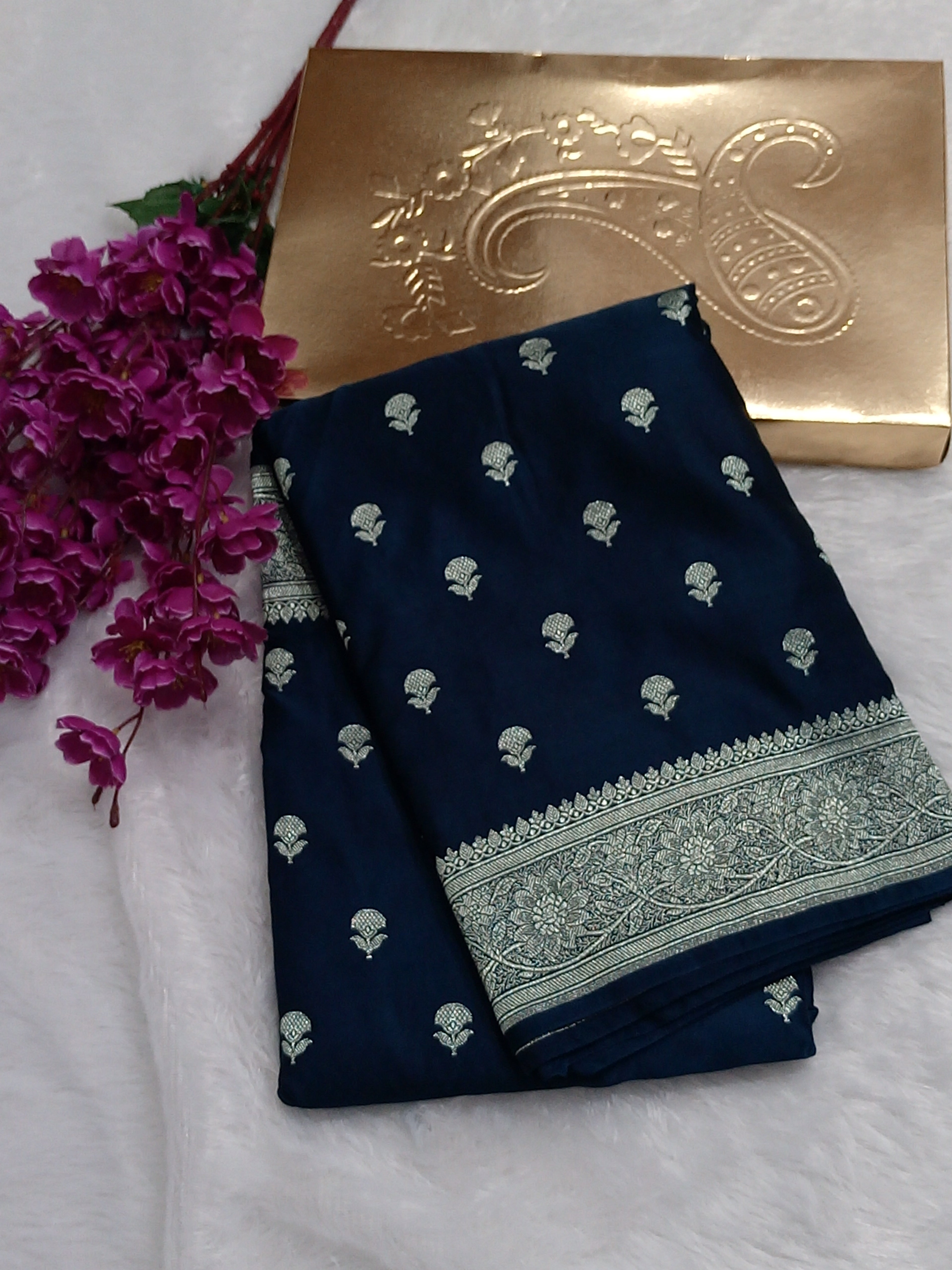 Dark Blue Banarasi Mashru Silk Saree