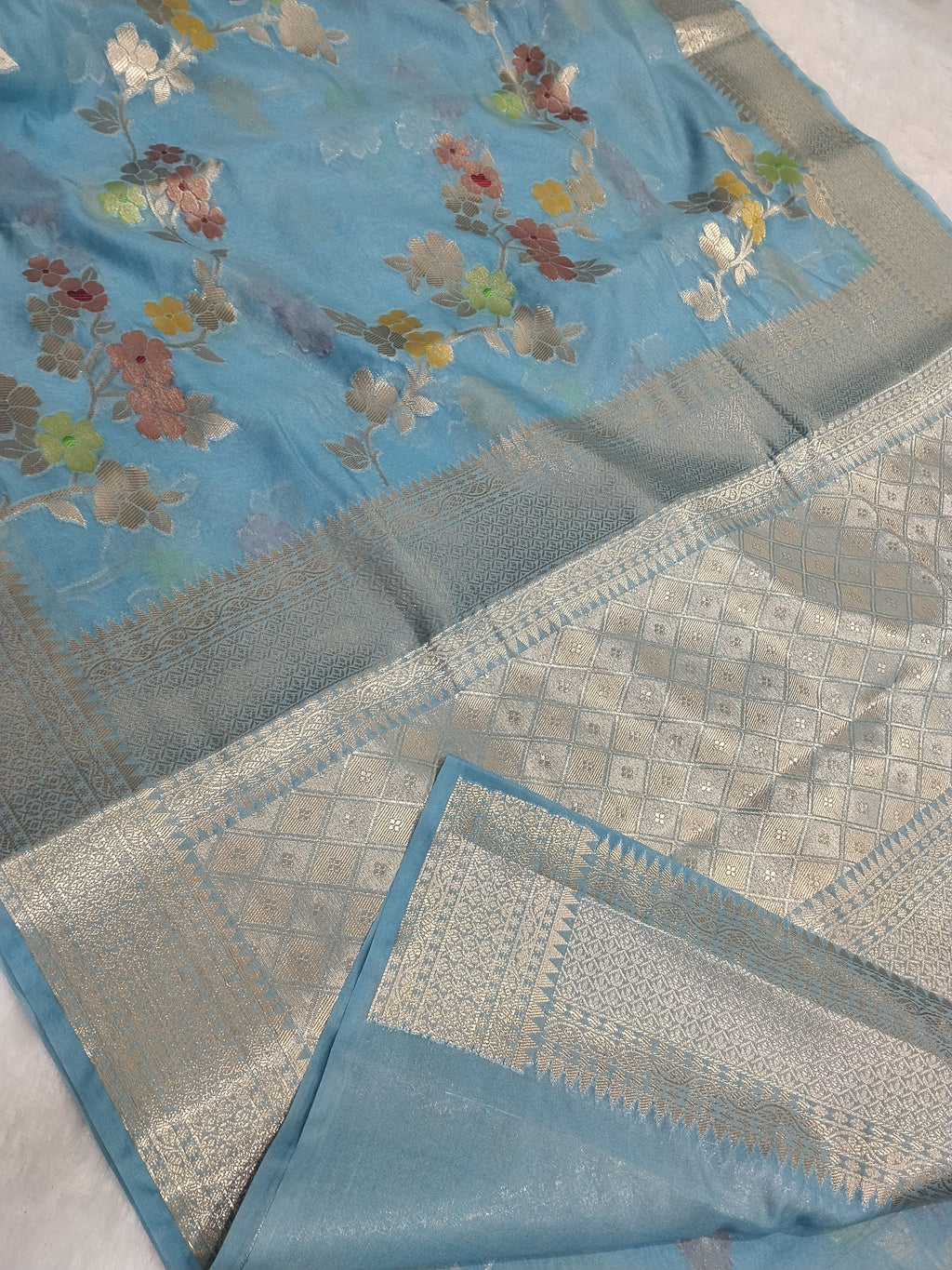 Light Blue Color Viral Banarasi Khaddi Georgette Saree
